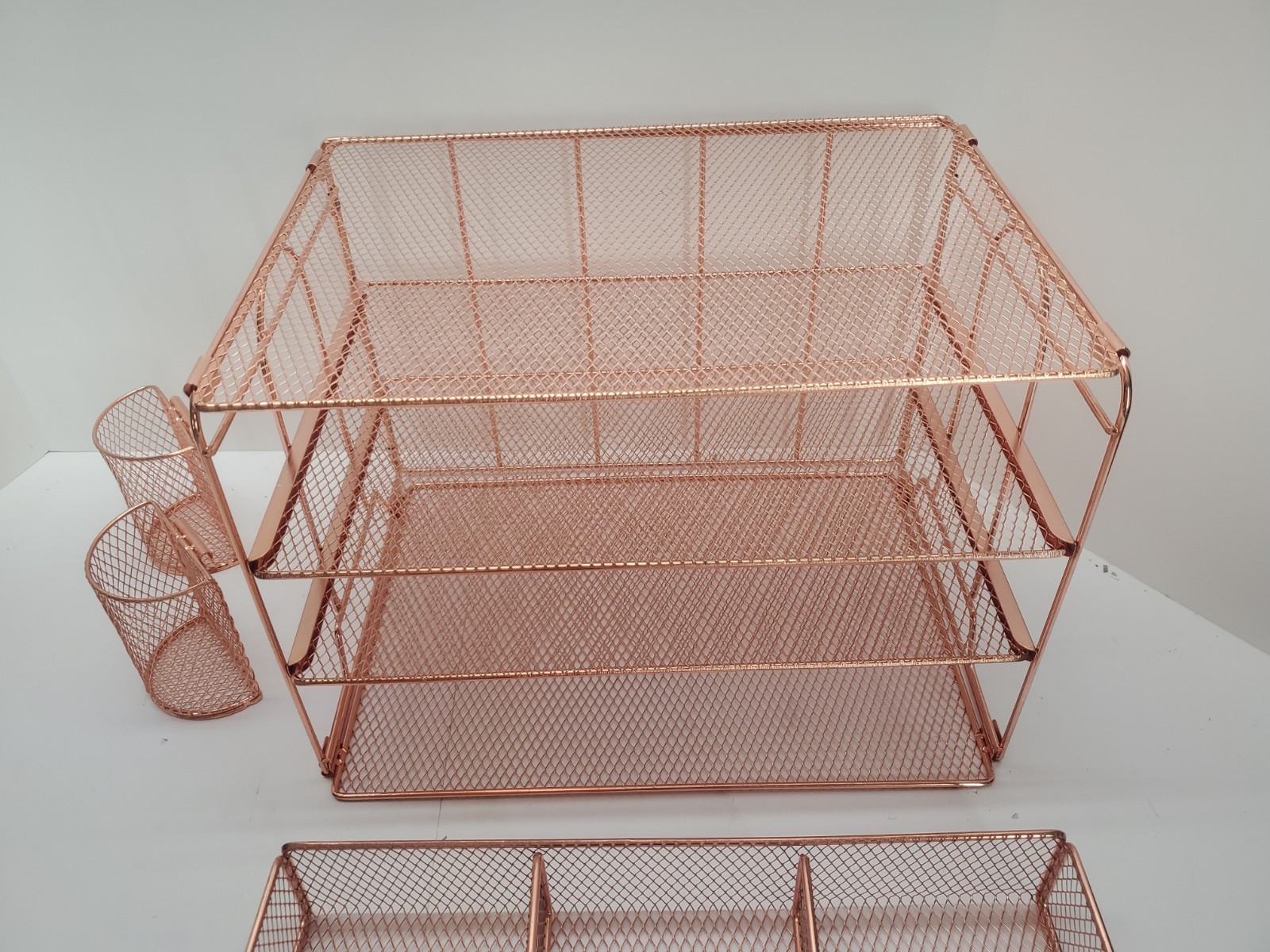 Desk Organizer with File Holder 4 Tier Trays Drawer Pen Holders Rose Gold