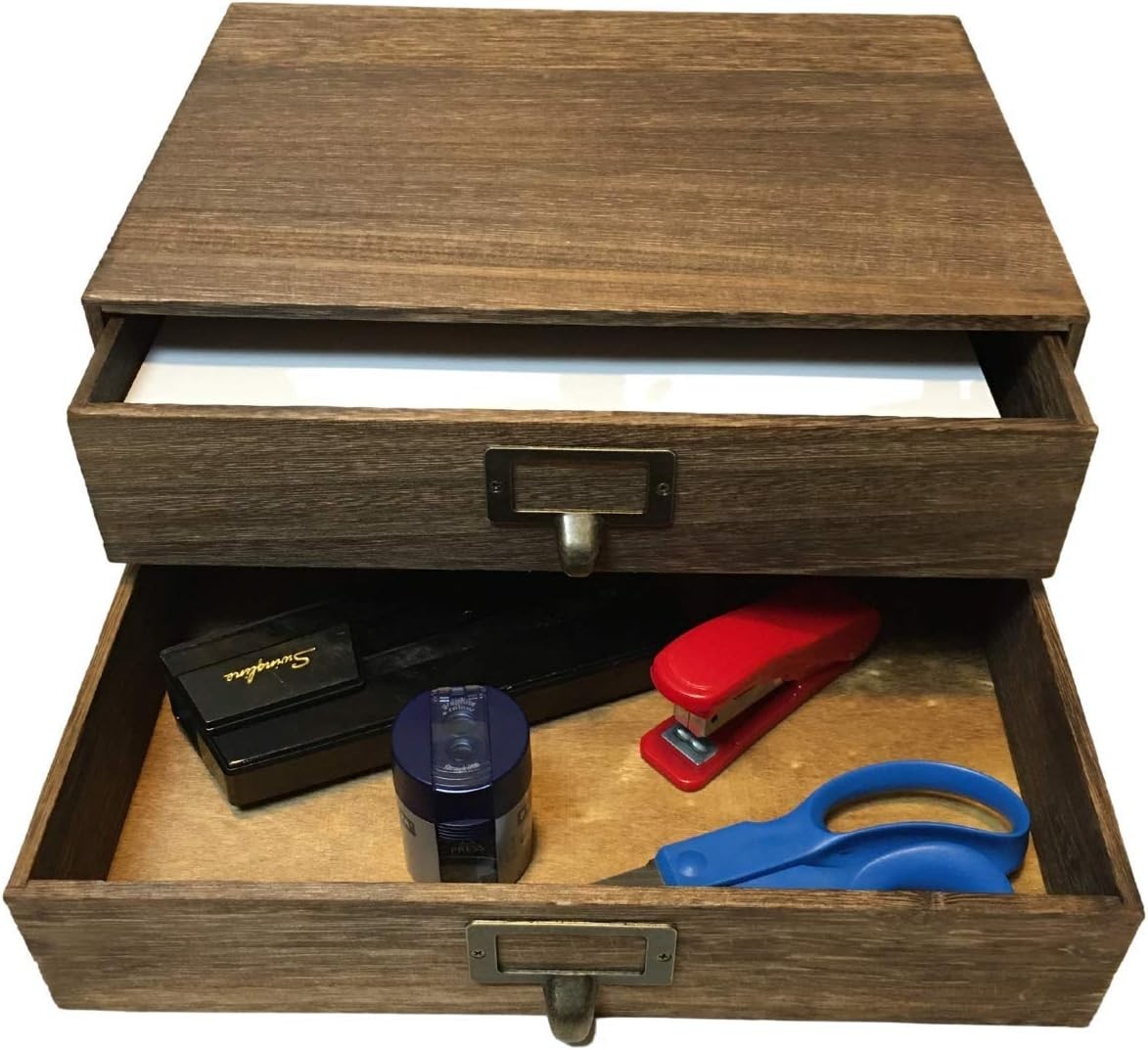 Walnut 2-Drawer Wooden Monitor Stand Office Desk Organizer