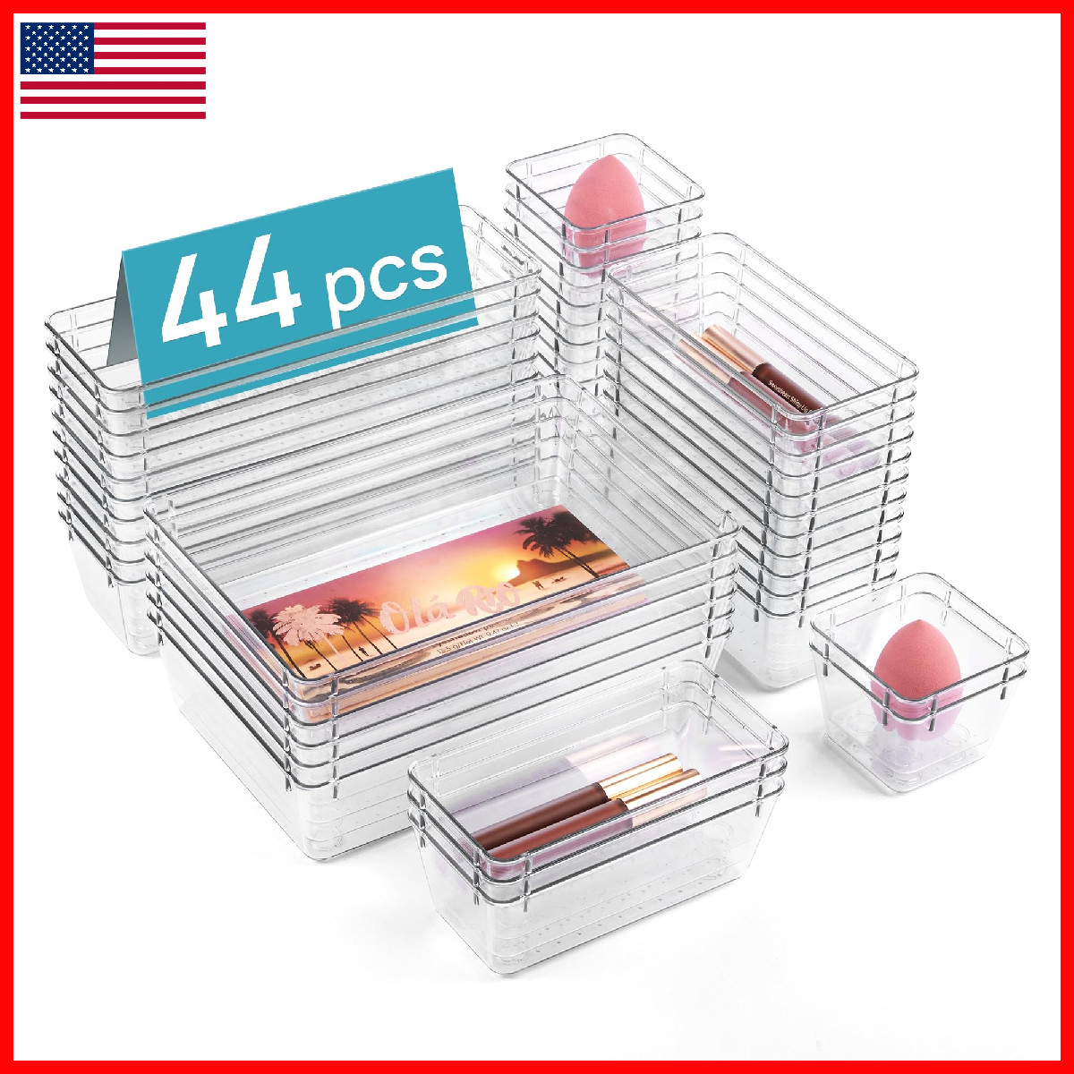 Vtopmart 44 Pcs Clear Plastic Drawer Organizers Set 4-Size Versatile Bathroom