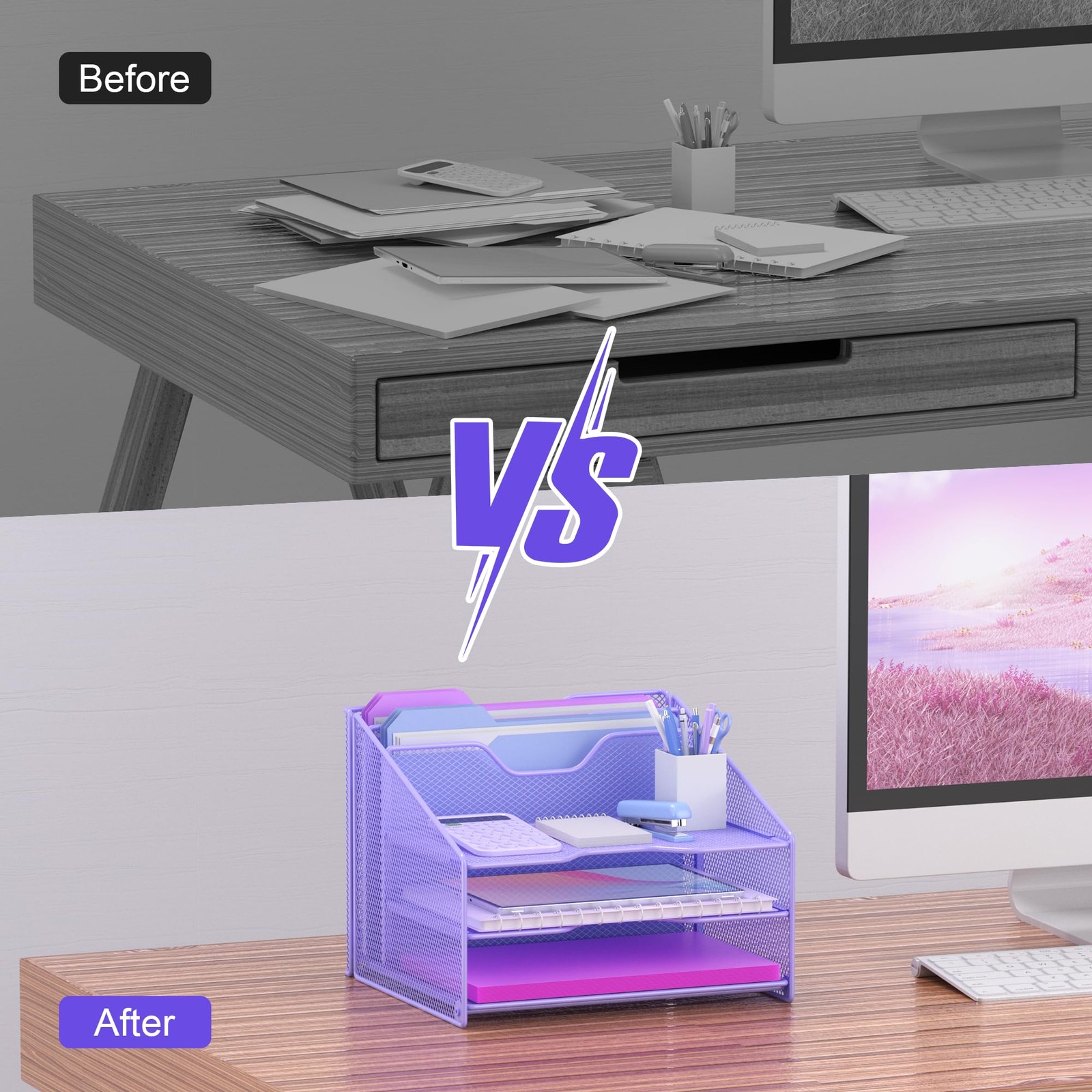 Purple Mesh Desk File Organizer with 3 Trays and 2 Upright Sections