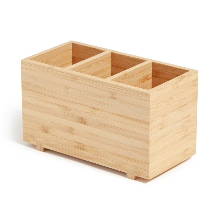 U Brands Zen Bamboo Desktop Organizer 3 Compartment Wood Pen Pencil Holder Tray