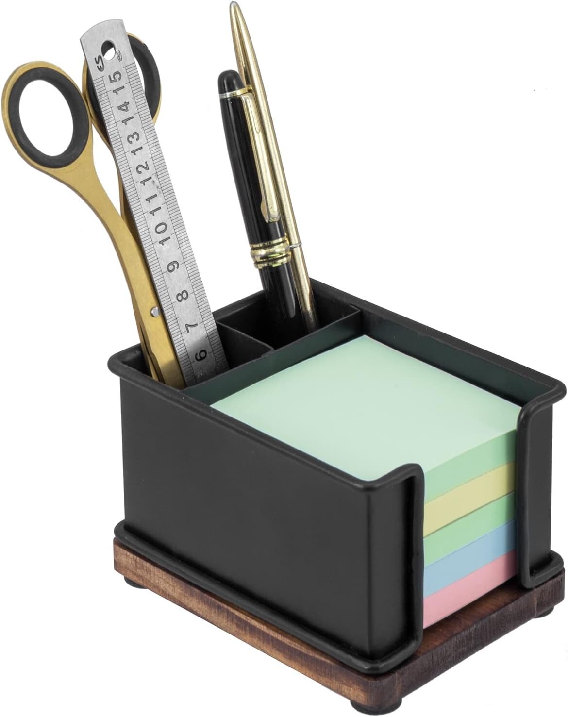 Black Metal Office Stationery Organizer with Sticky Note Holder and 2 Pen Slots