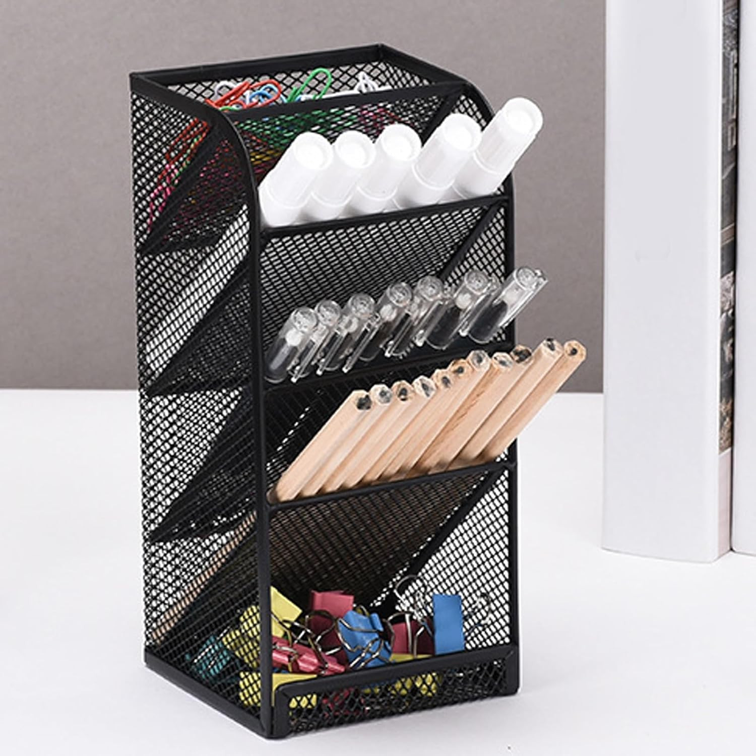 Metal Mesh Desk Organizer, 5 Tier Multifunctional Pen Holder Pencil Cup with 5 C