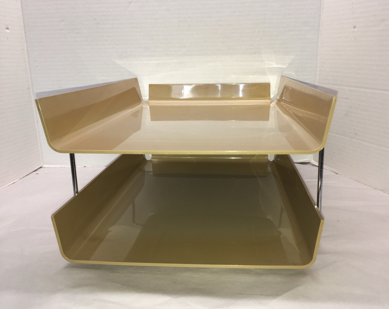 Vtg McDonald Duk-It Beige Plastic Chrome 2-Tier In Out Desk Tray Organizer MCM