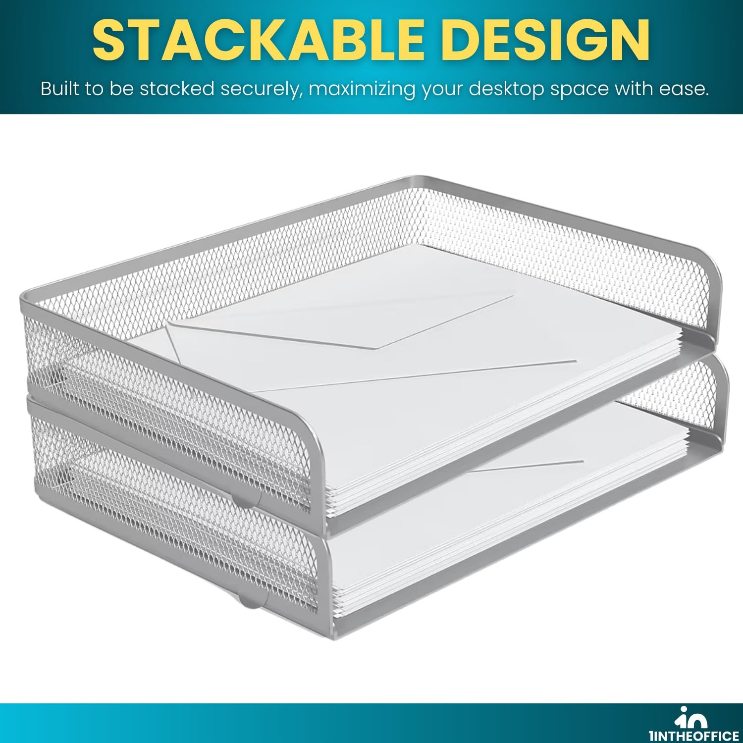 1Inthehome Stackable Side Load Letter Tray Silver Wire Metal Mesh Paper Tray