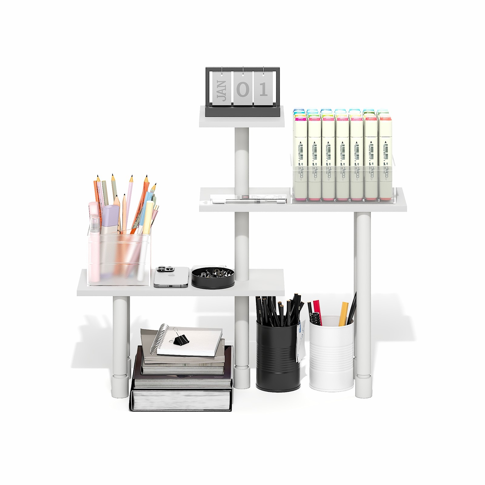 Furinno TURN-N-TUBE 3-Tier Adjustable Desktop Organizer. White