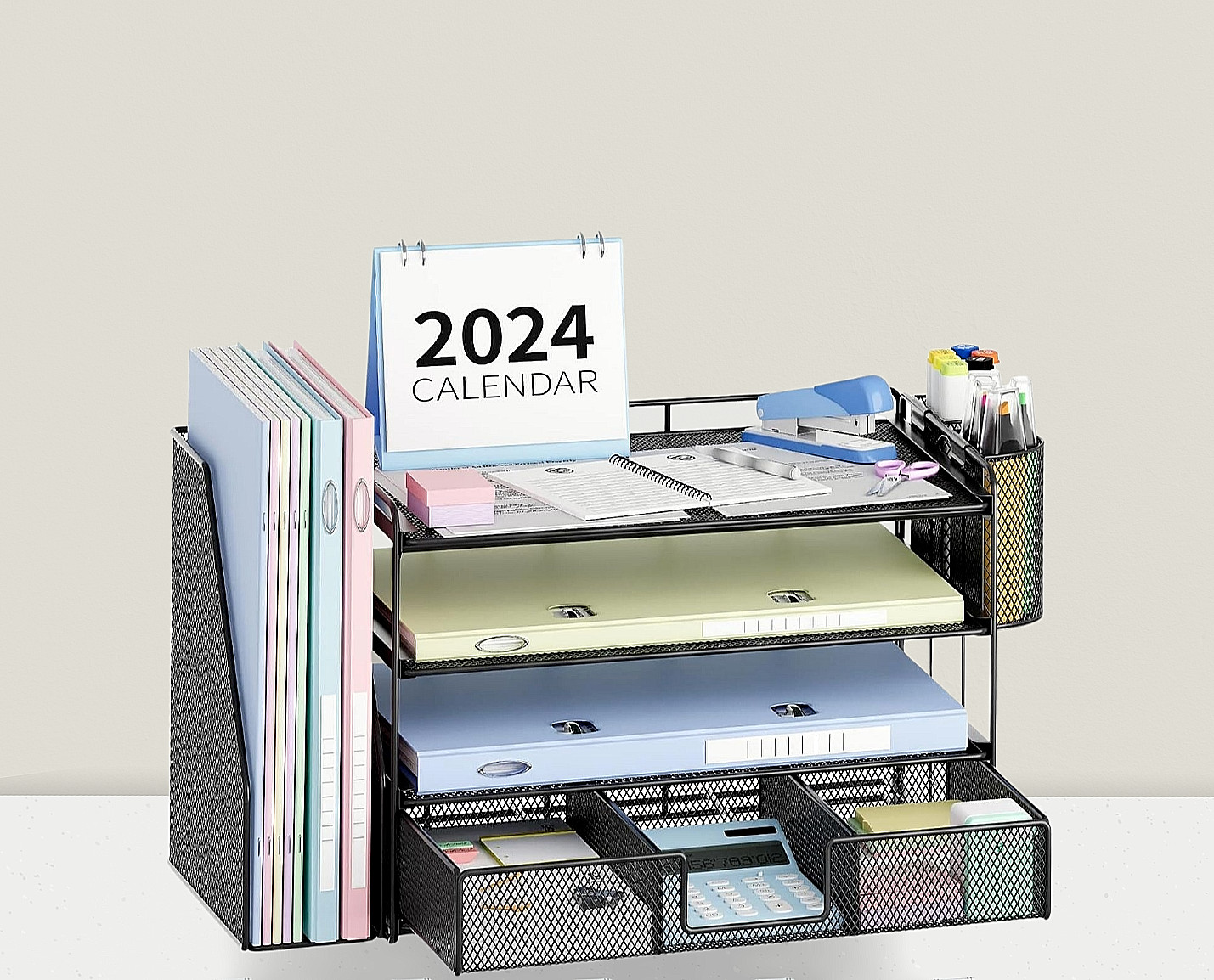 Desk Organizers 4-Tier Paper Organizer with File Holder and 2 Pen Holders Black