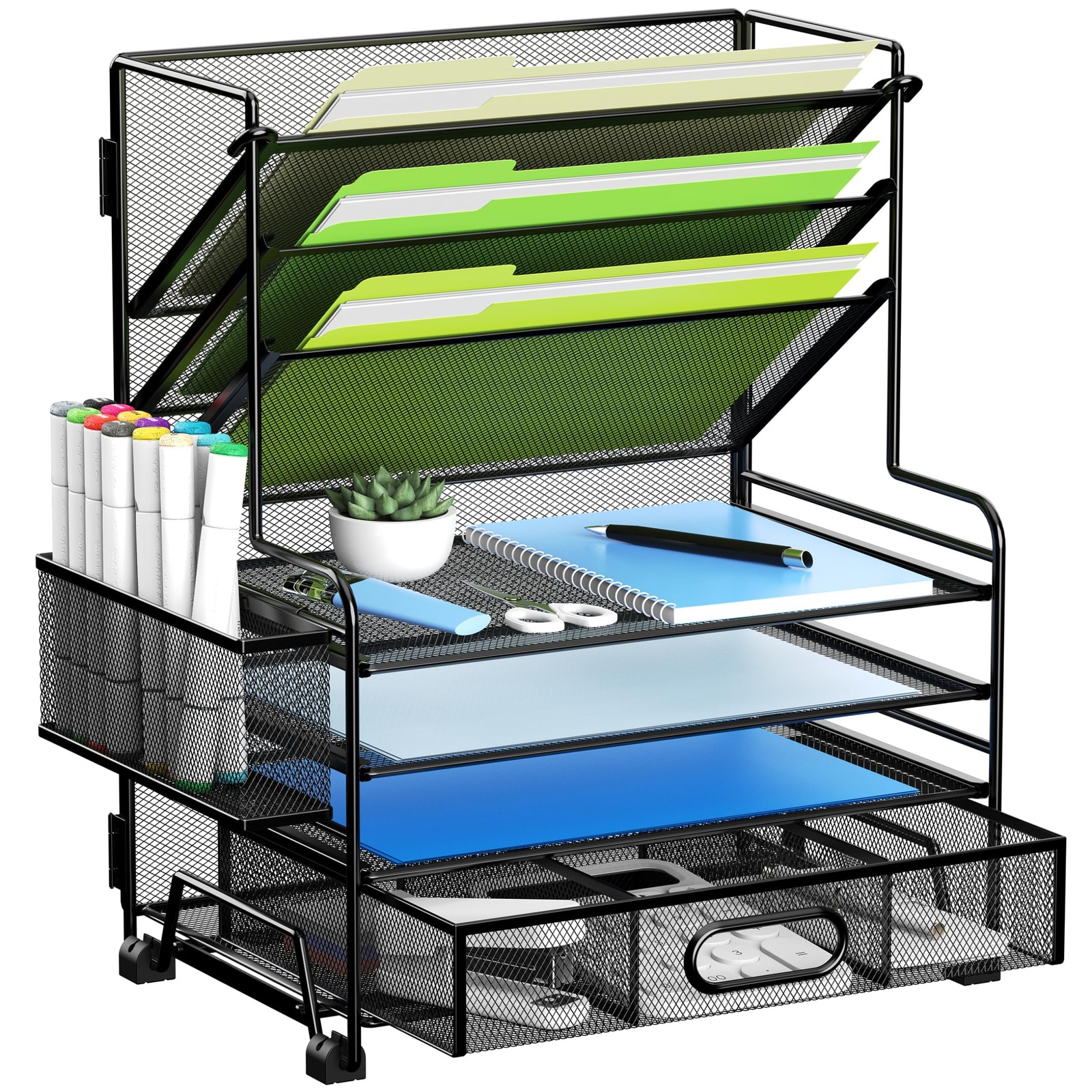 MINDEPOT 4Tier Paper Organizer + 3Pocket File Holder + Drawer + Pen Holders, …