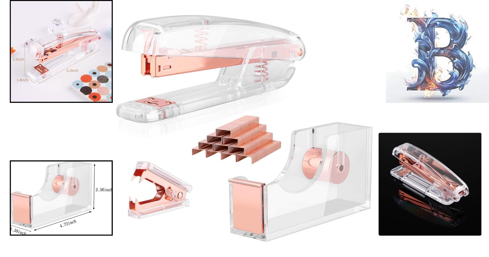 All-in-One Rose Gold Acrylic Stapler Set: Includes Tape Dispenser & 1000 Staples