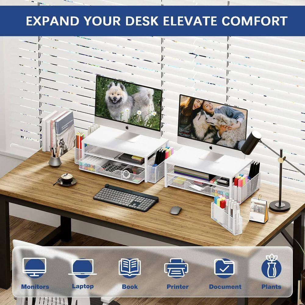 White 15.5 In. X 6.3 In. Metal Modern Desk Organizers with Drawer and 2 Pen Hold