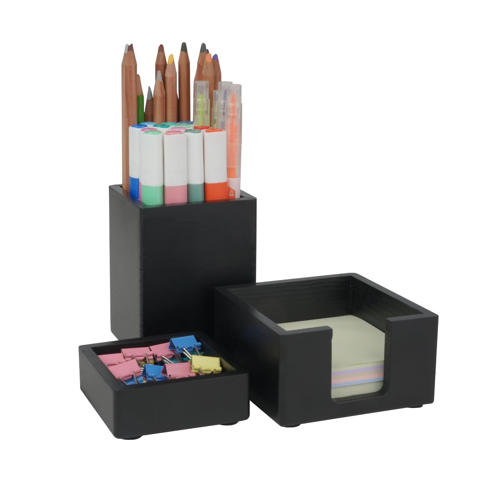 3 PCS Black Wooden Desk Organizer Set Pine Wood Office Desk Accessories with …