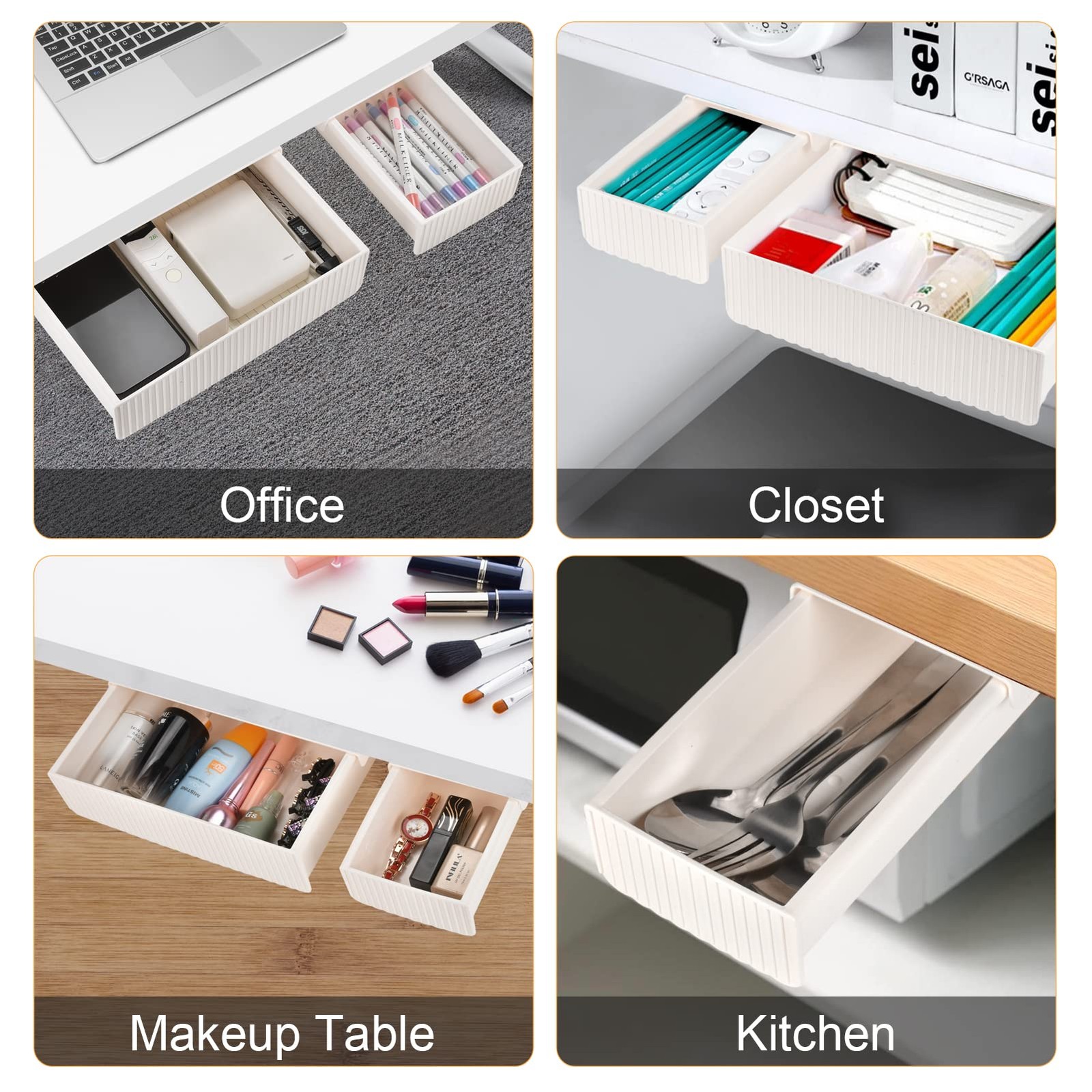 YOOUSOO Under Desk Drawer Organizer, 2 Pack Self Adhesive Slide Out white