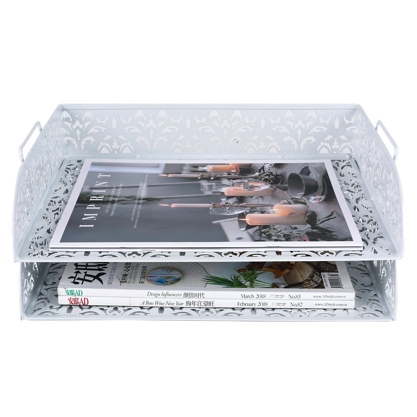 White 2-Tier Metal Desktop File Organizer | Stackable Letter Tray Paper Holder
