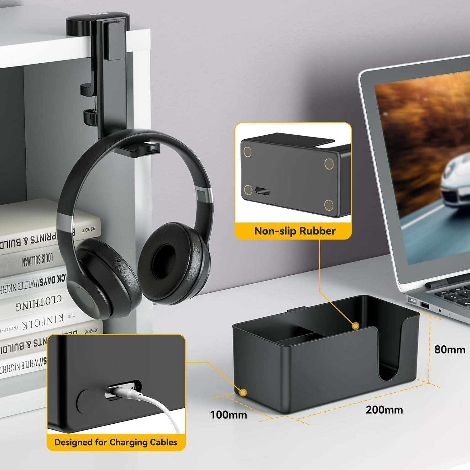 4 in 1 Black Desk Cup Holder & Rotating Headphone Hanger – Space-Saving Design