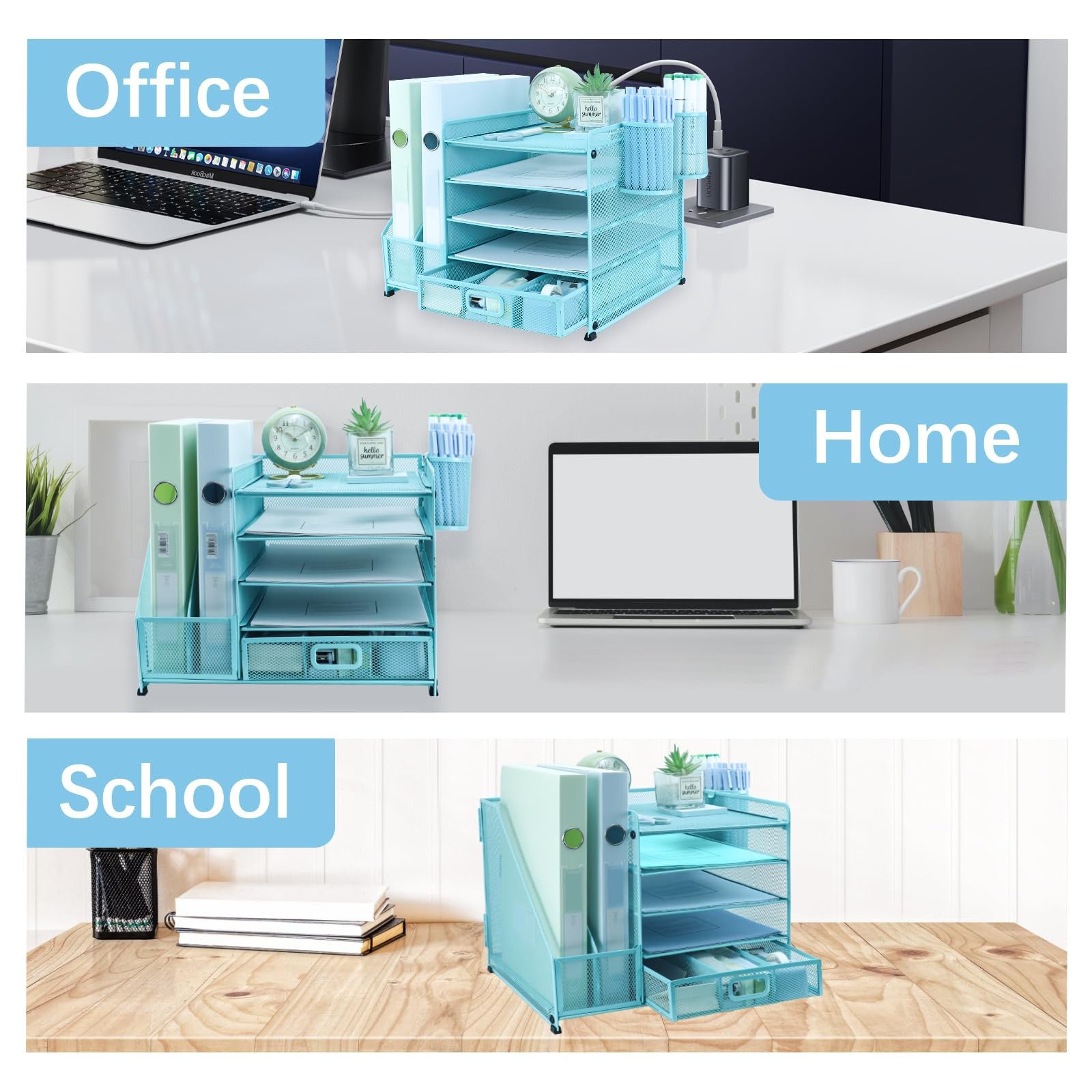TSDRBWO Desk Organiser File Holder With 2 Pen 13.8″ x 12″ x 11.1″, Blue