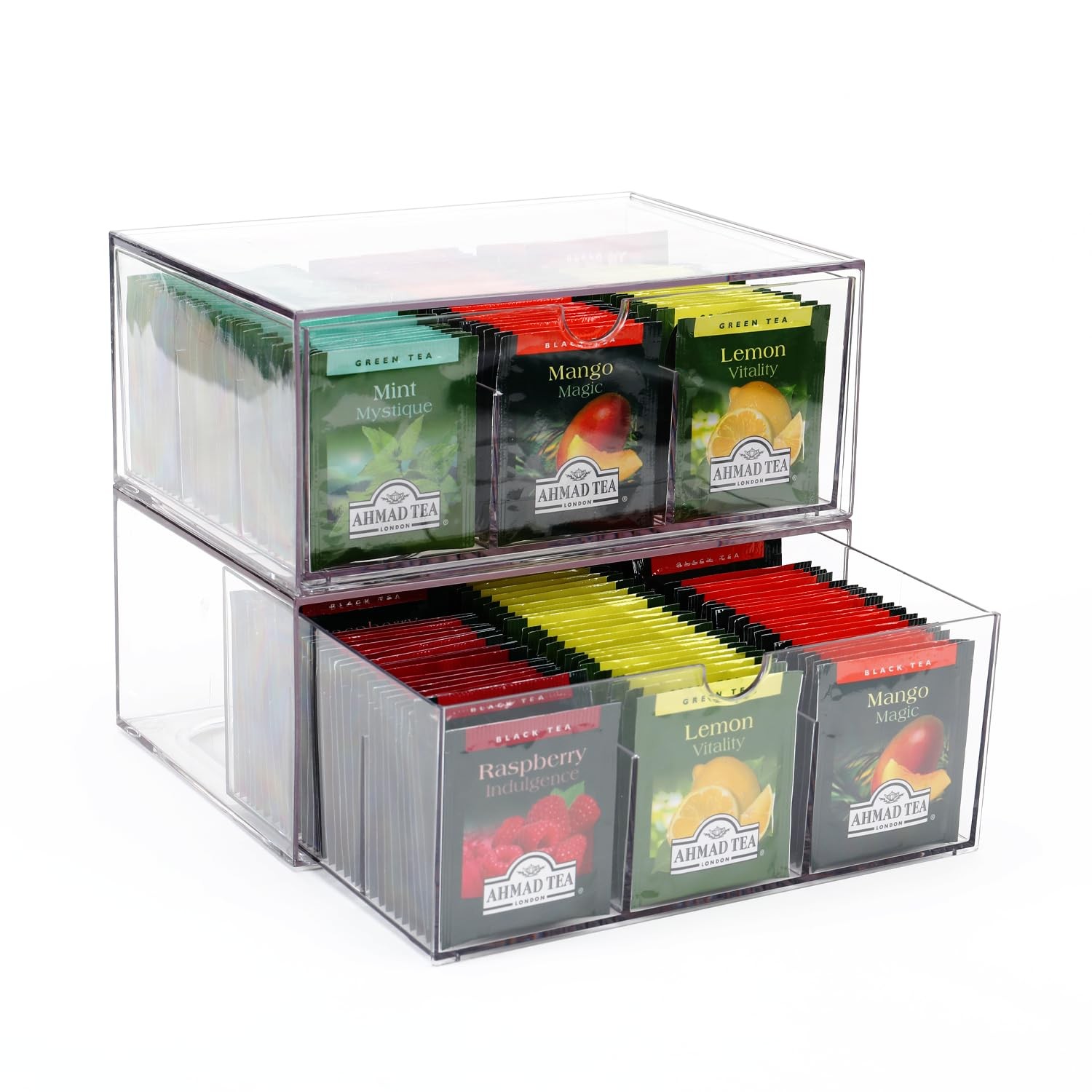 CLUQMEIK 2 Large Acrylic Tea Bag Organizer, 9 Grids 9.05*6.5*7.88″, 9+9 grids