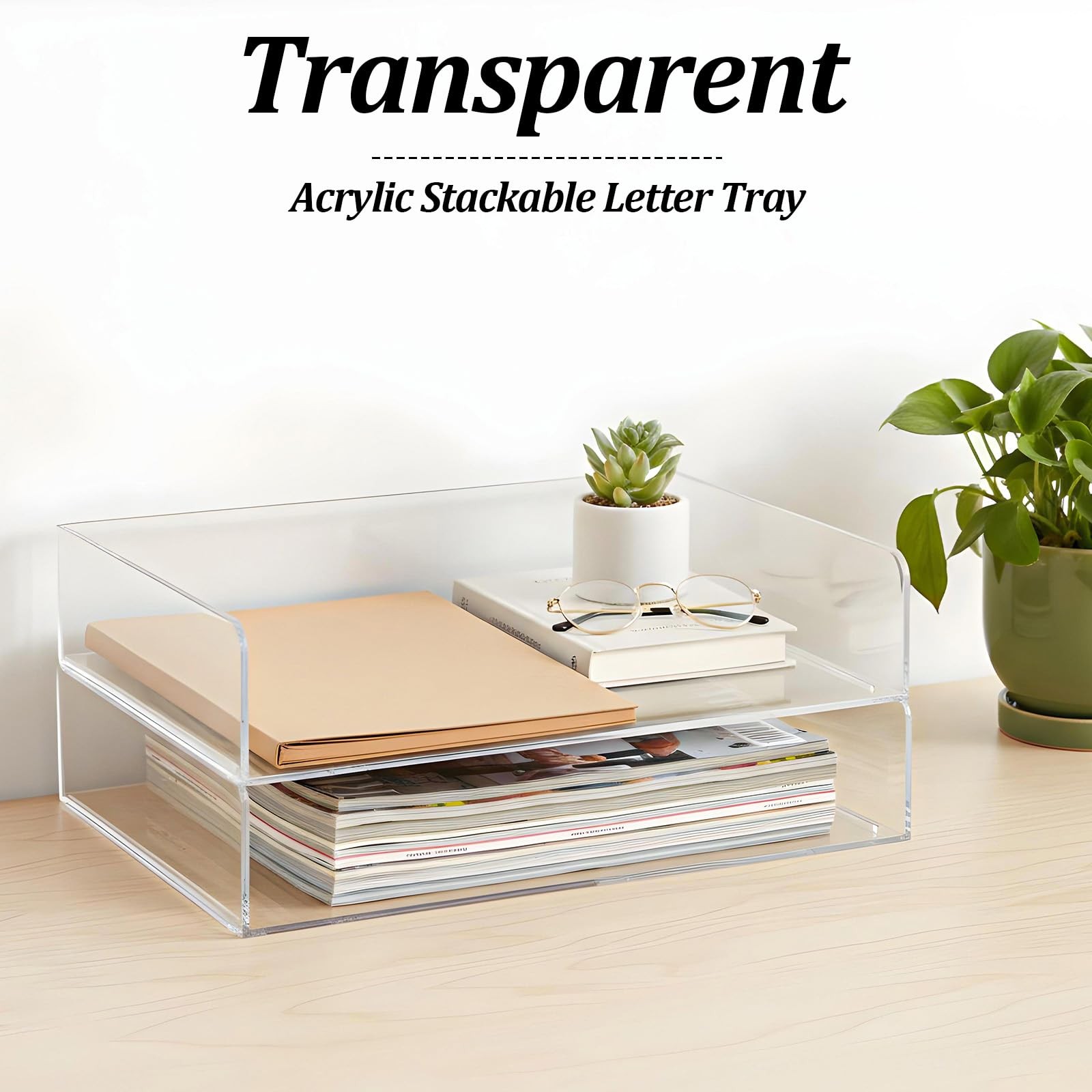 2 PCS Clear Acrylic Stackable Paper Letter Tray File Organizer 12.4×8.7×2.75