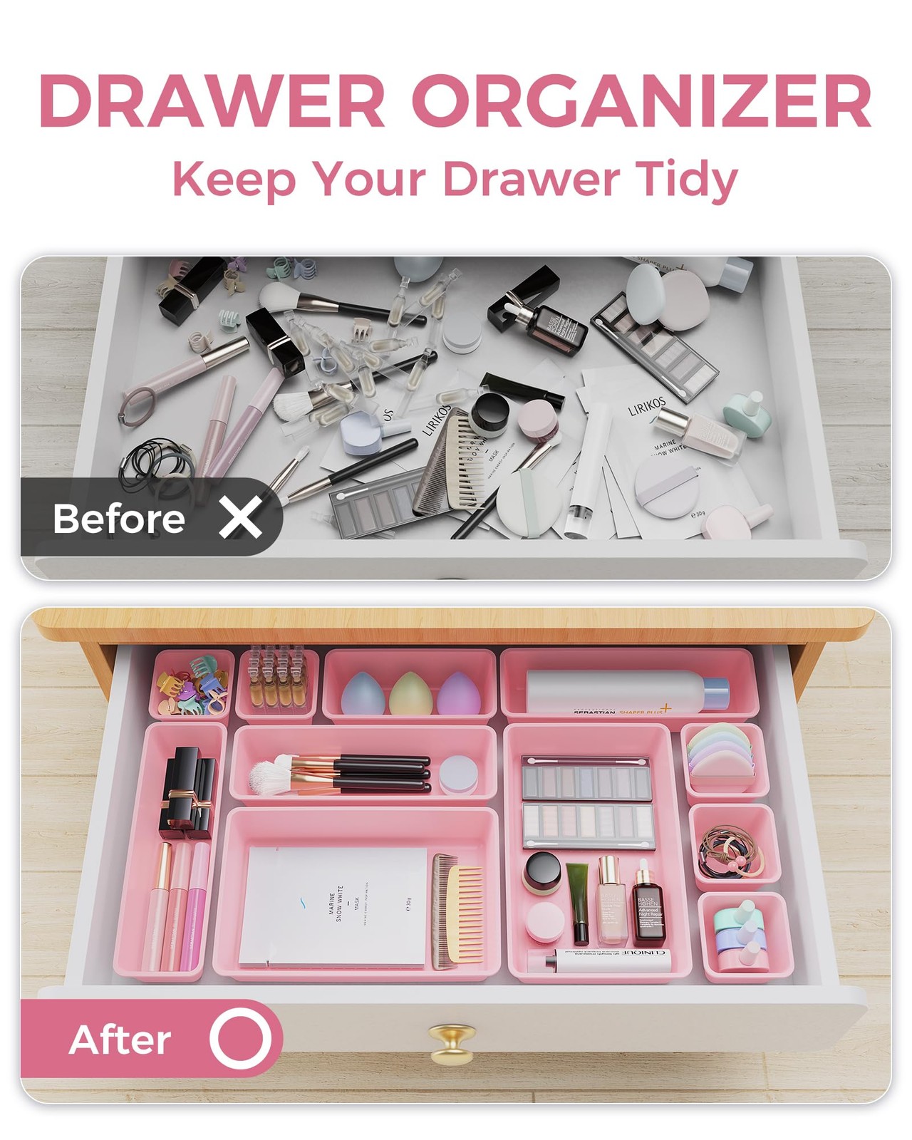 BiuLeon 25 PCS Plastic Drawer Organizers Set, 4-Sizes Vanity and Makeup Pink