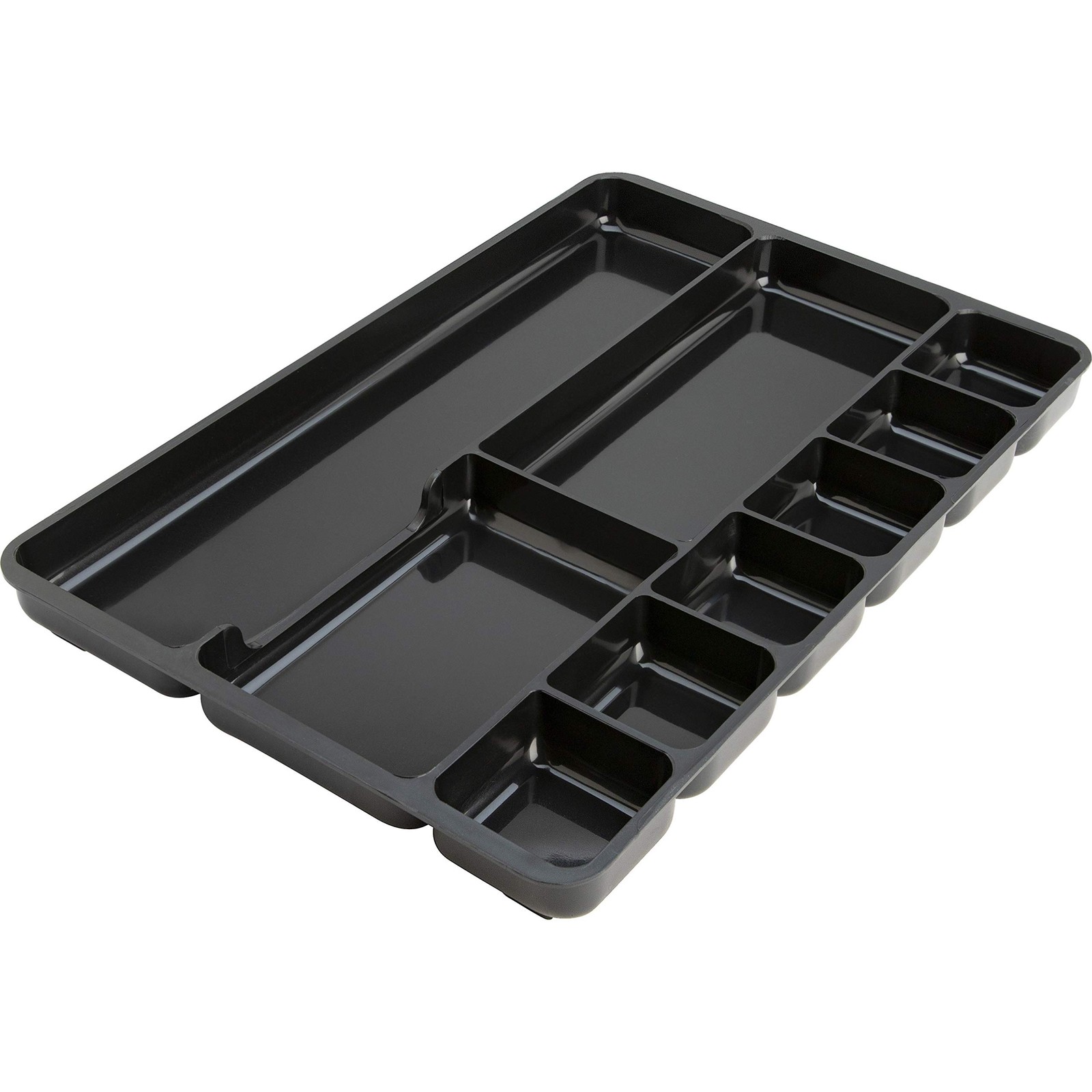 Drawer Tray Organizer, 9-Compartments, 9.38″ x 14″ x 1.25″, Plastic, Black