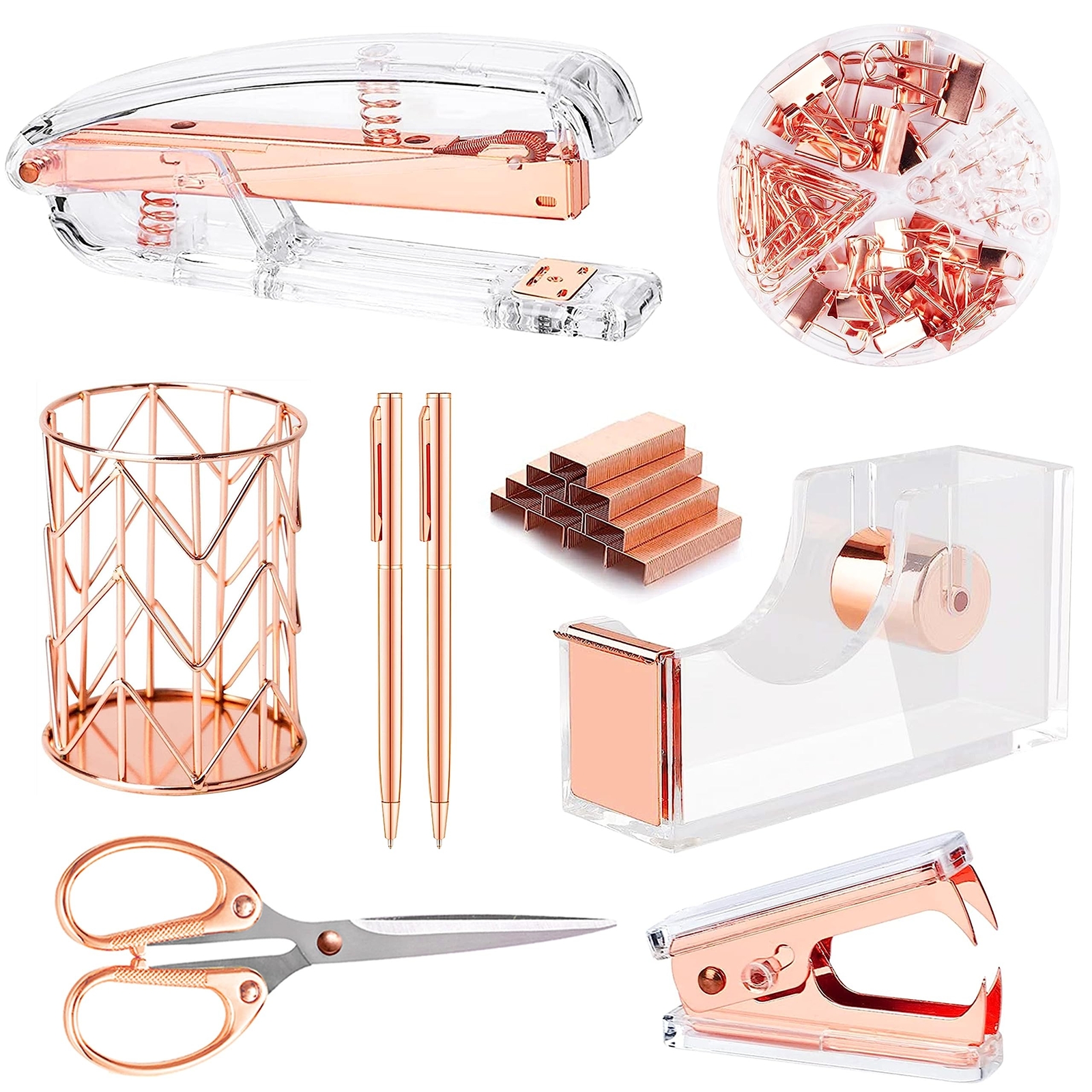 Famassi Rose Gold Desk Accessories，Office Supplies Set Acrylic Stapler Se