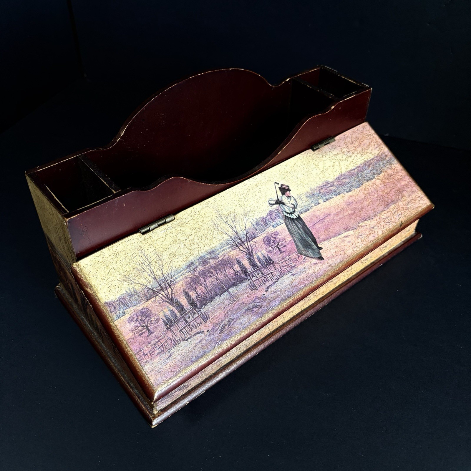 Vintage Woman Golfer Desk Organizer Mail Papers Letters Pens Holder Storage Box