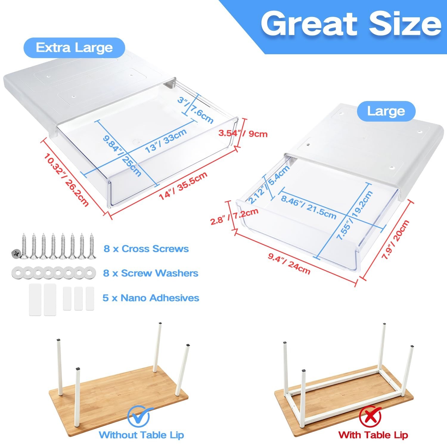 Under Desk Drawer Organizer 2 Pack – Self-Adhesive Slide Out Storage Trays for O