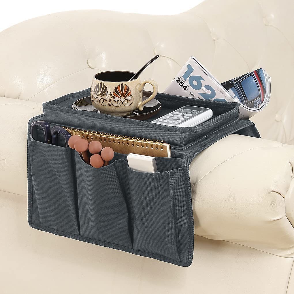 Sofa Armrest Organizer with Top Tray for Couch Recliner, 5 Pockets TV Grey