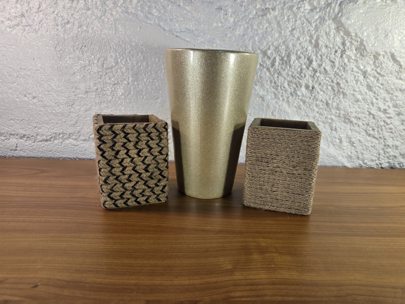 Boho Desk Organizer Set – 3pc Glossy Gold Vase & Burlap Wrapped Pencil Holders