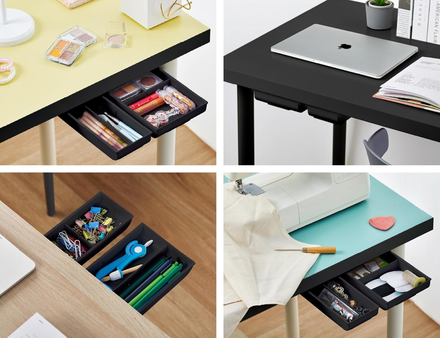Konnect under Desk Drawer, Self-Adhesive Slide Out Storage Organizer with 4 Cust