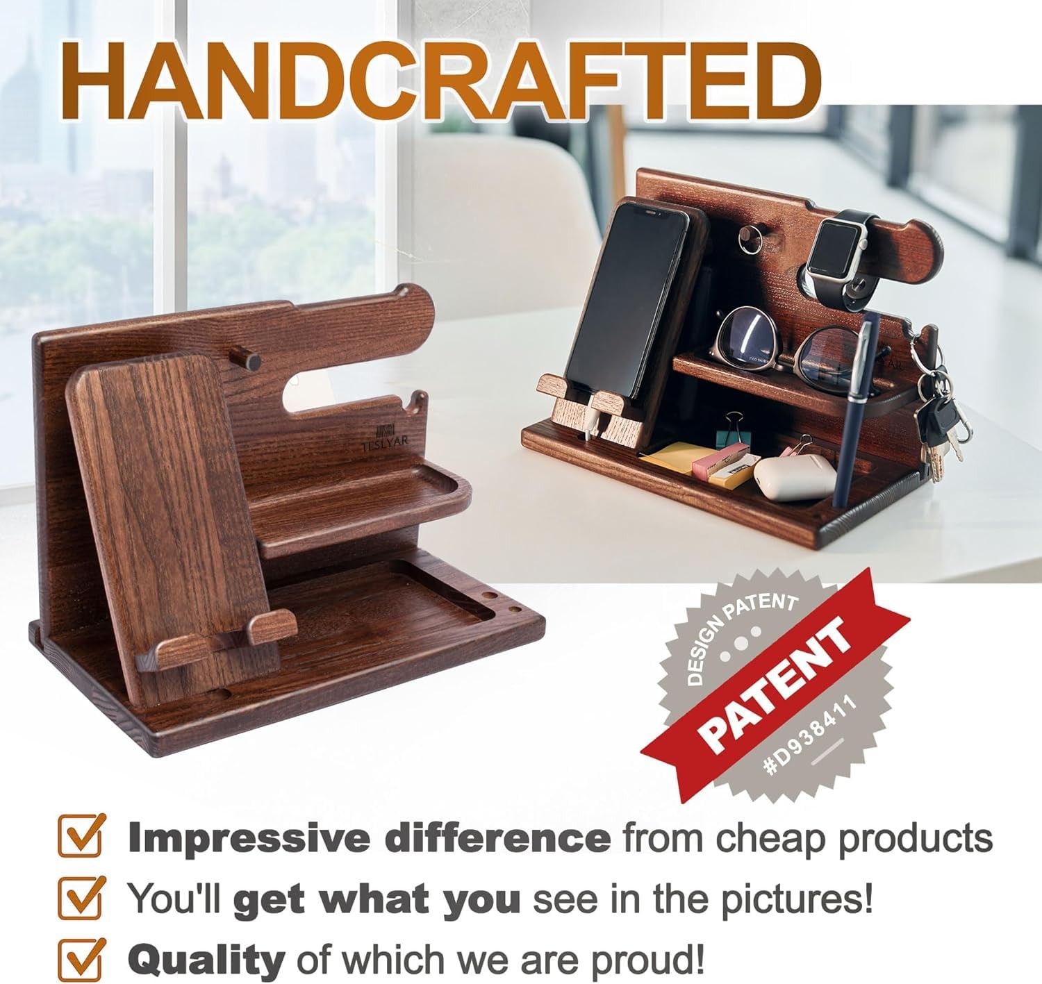 Wood Phone Docking Station for Men – Desk or Nightstand Bourbon Brown