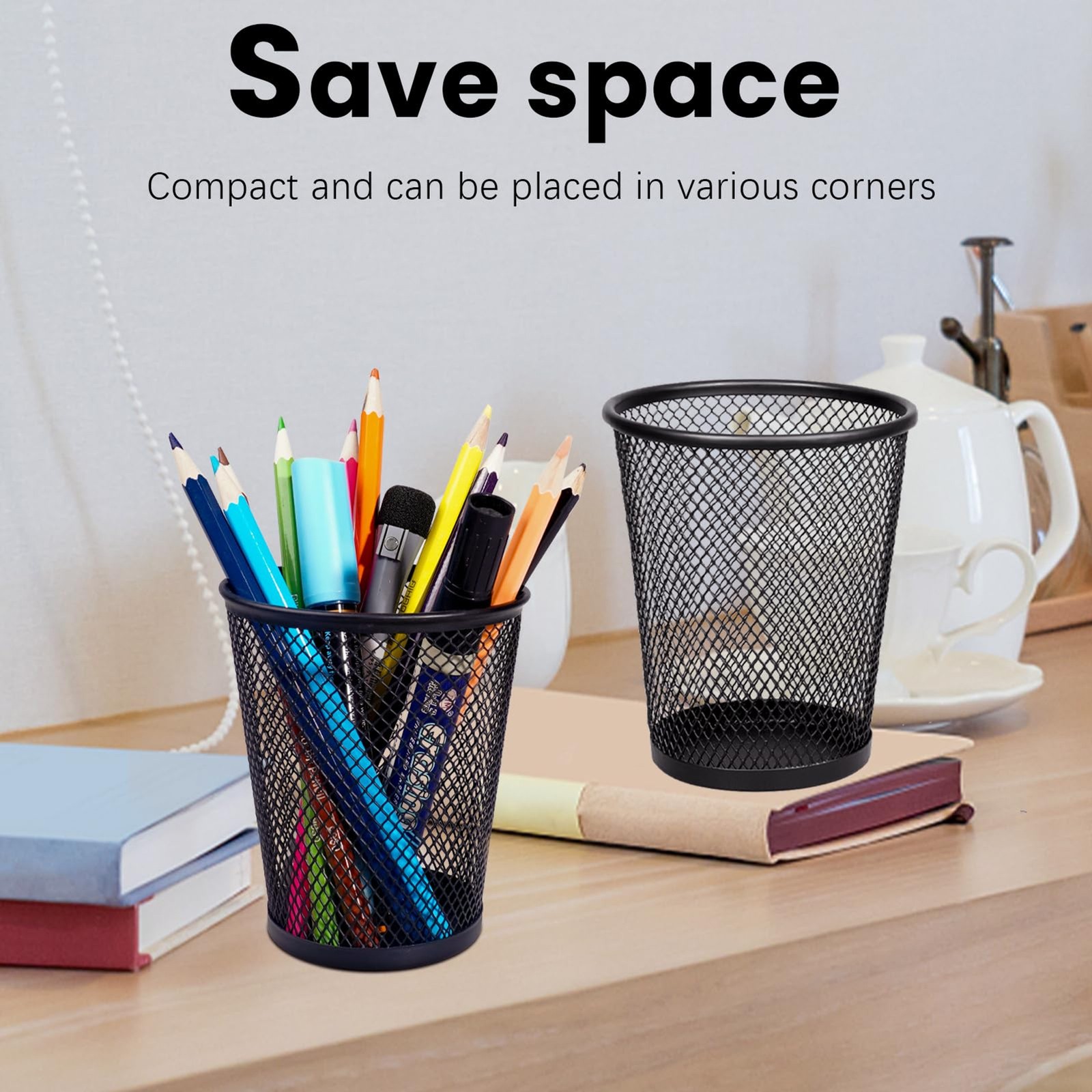 Mesh Pencil Holder for Desk 6 Pack, Metal Pen Cup Black | Pen Holder for Desk, D