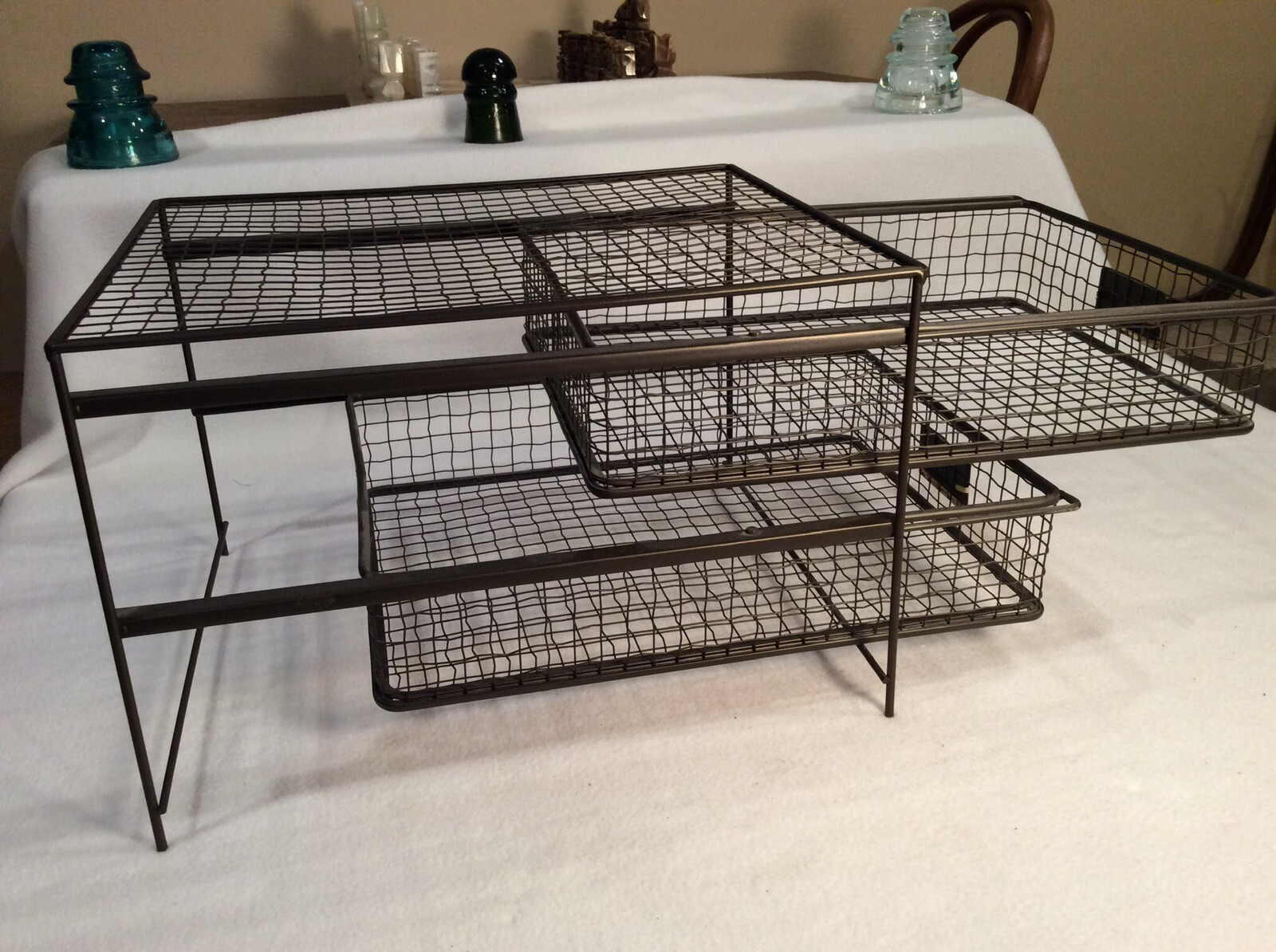 Vintage Metal Wire Office Desk Top File Paper Double Sliding Basket Storage Bin