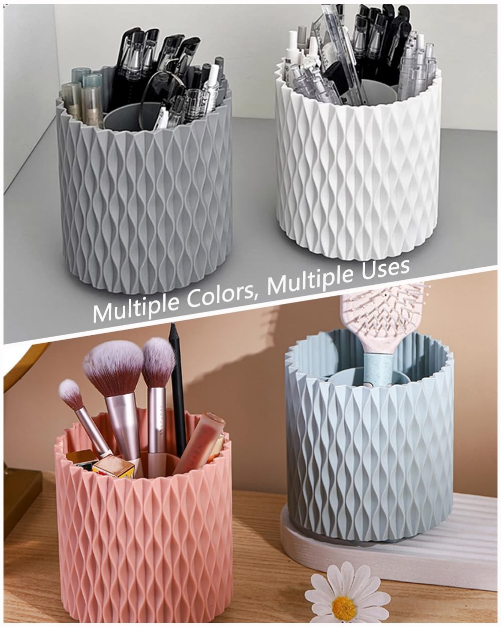 Lebenrich Rotating Pen Holder for Desk, 5 Slots Unique White Desk Organizer E…