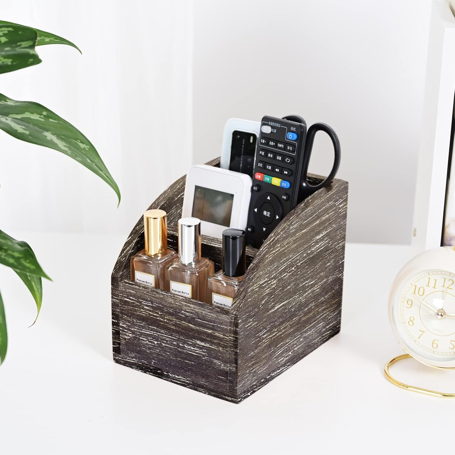Rustic Brown Wooden Desk Organizer Farmhouse Wood Remote Control Caddy, Vintage
