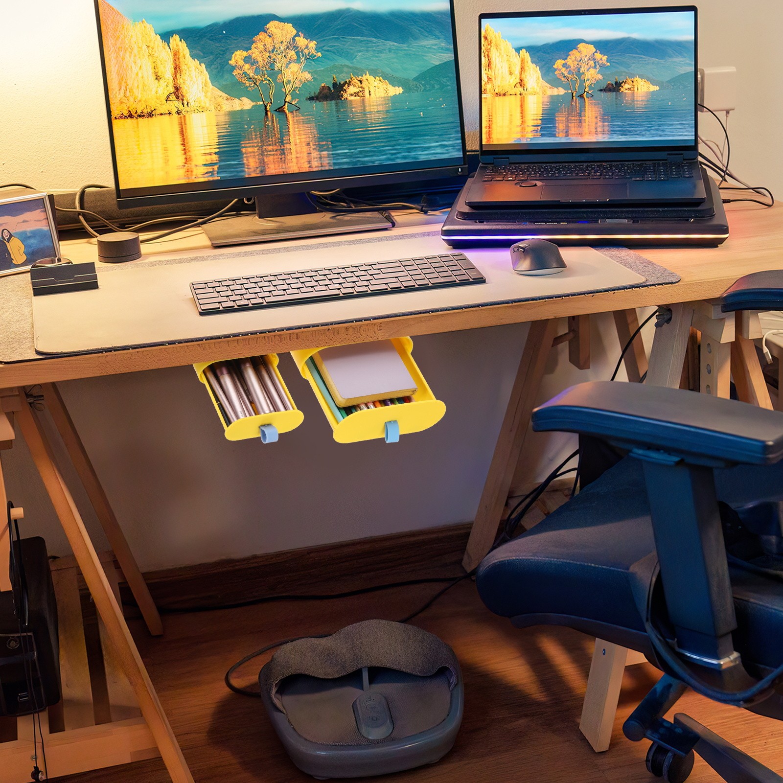 Self-Adhesive Slide Out Drawer Attachable Organizer Under Desk, Dark Blue, Large