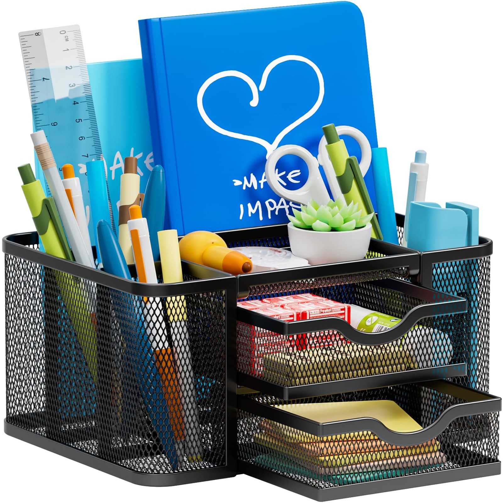 Marbrasse Mesh Desk Organizer, Pen Organizer with 2 Drawer, Multi-Functional Pen