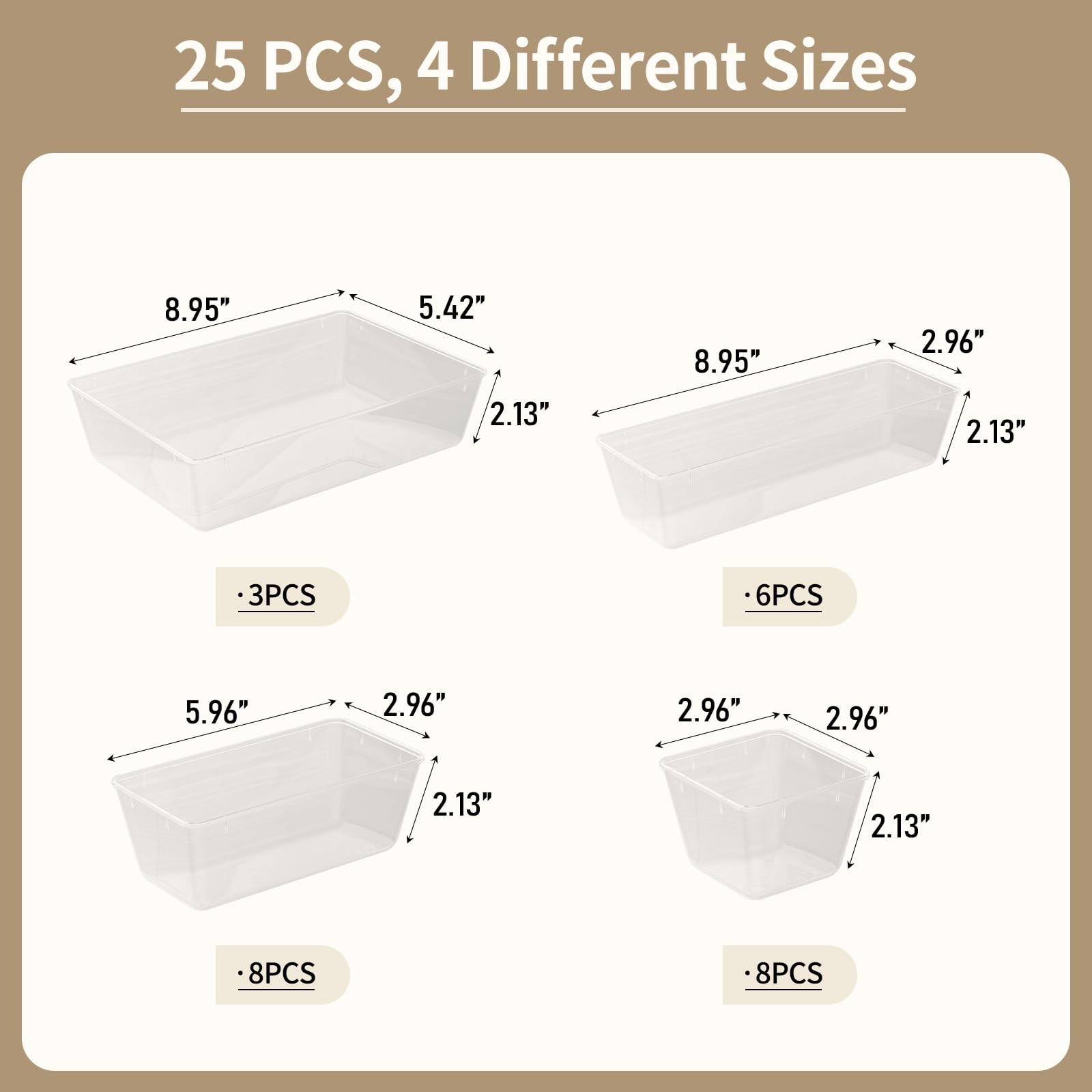 Yanosaku 25 PCS Clear Plastic Drawer Organizer Set, 4 Sizes Vanity