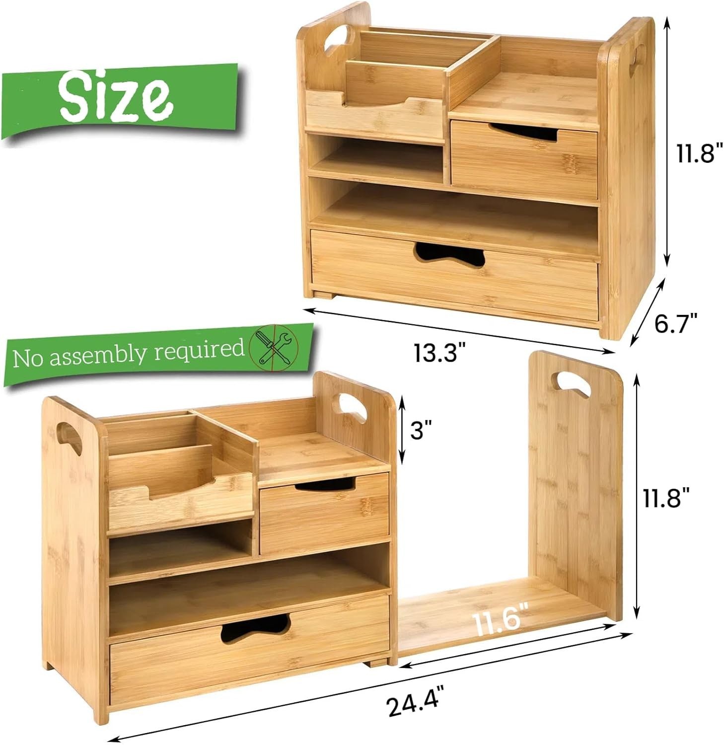 Space-Saving Bamboo Desktop Organizer with Adjustable Compartments & Drawer