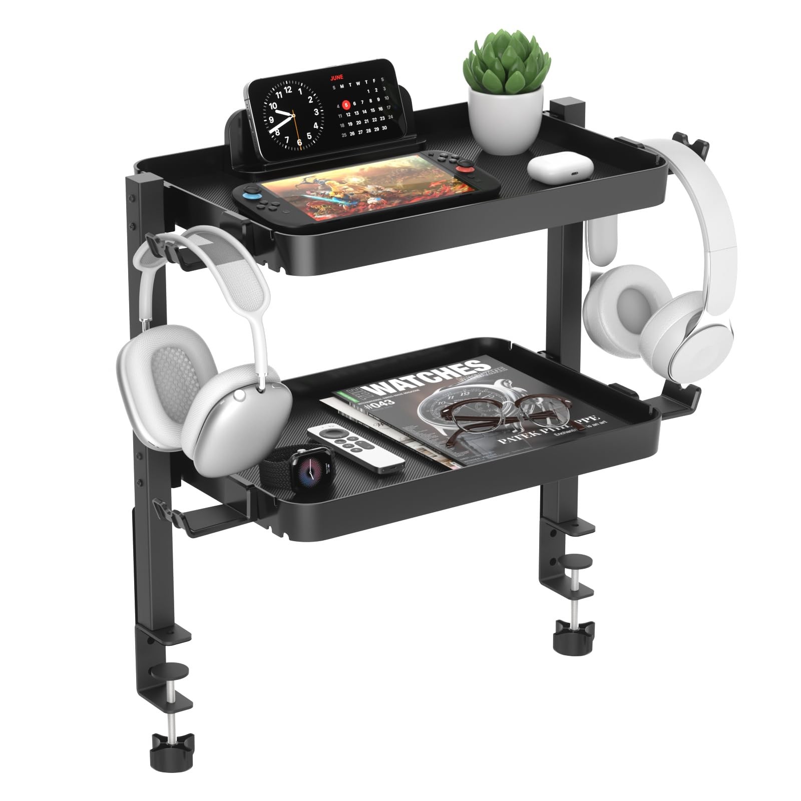 KDD Clamp On Desk Organizer – Adjustable 2-Tier Above or Under Large, Black