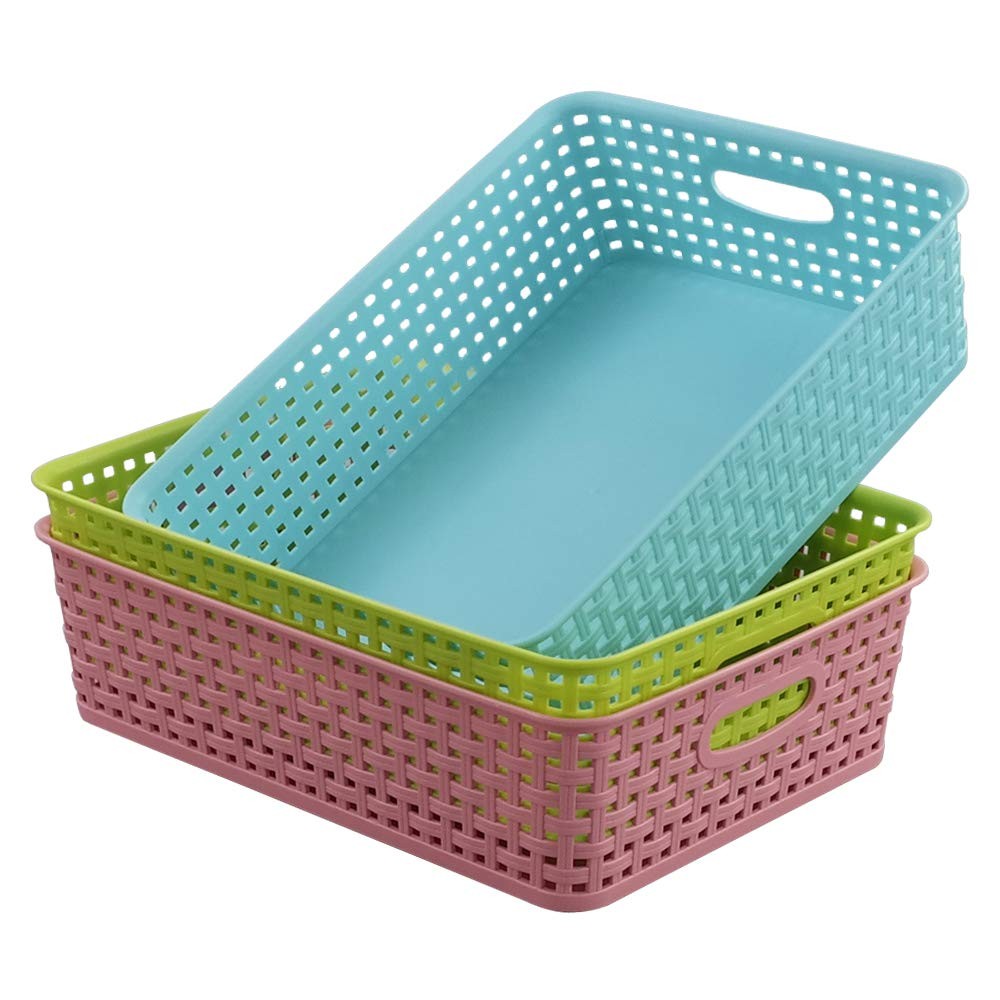 Plastic Shallow Storage Basket Trays 3 Piece Set Office Paper Organizer