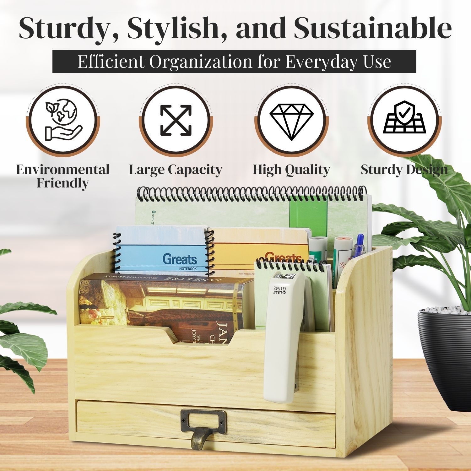 3 Tier Wood Desk Organizer – Wooden Mail Organizer with Drawer for Mail