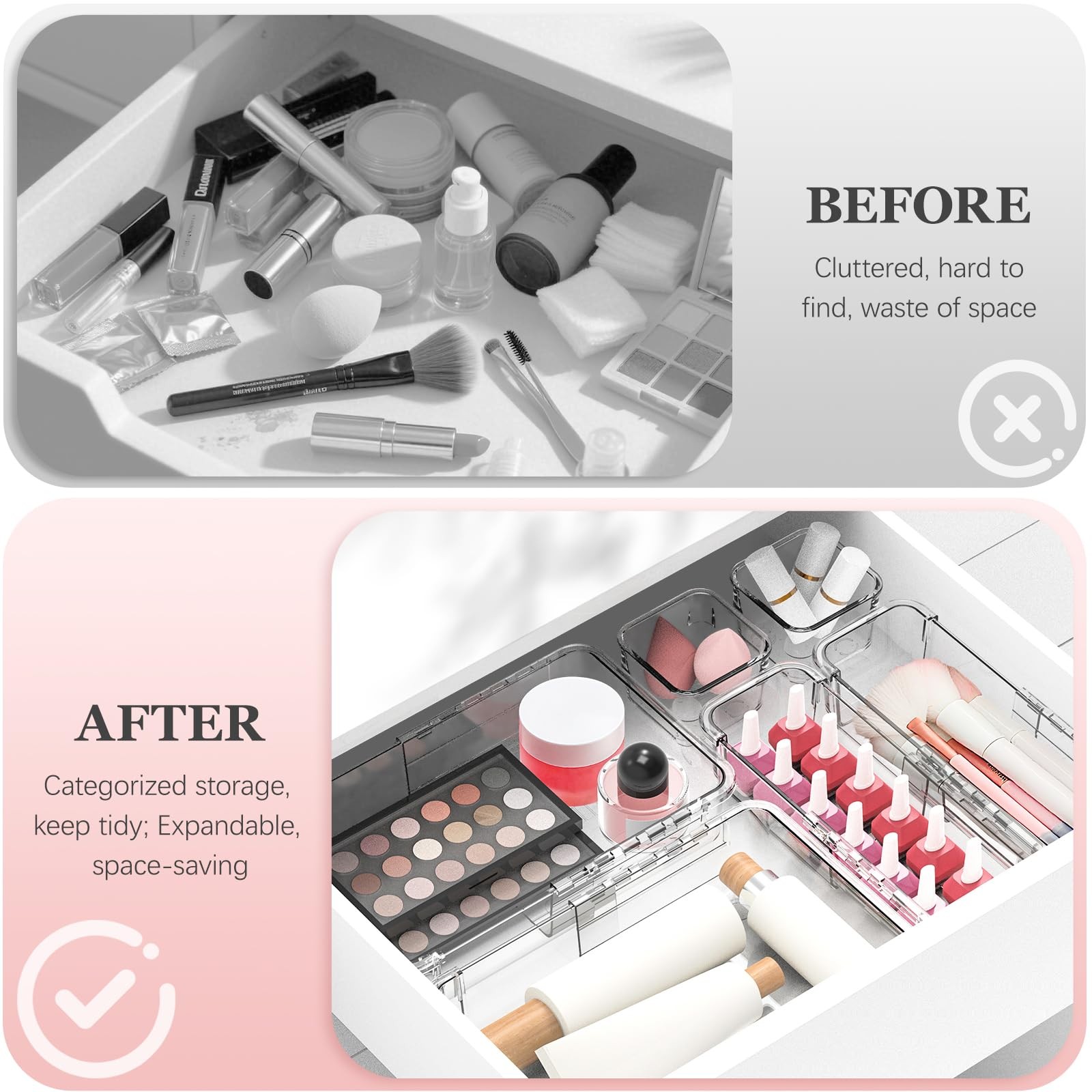 16 Pcs Clear Extendable Drawer Organizer, Adjustable Drawer Storage 3-Size De…