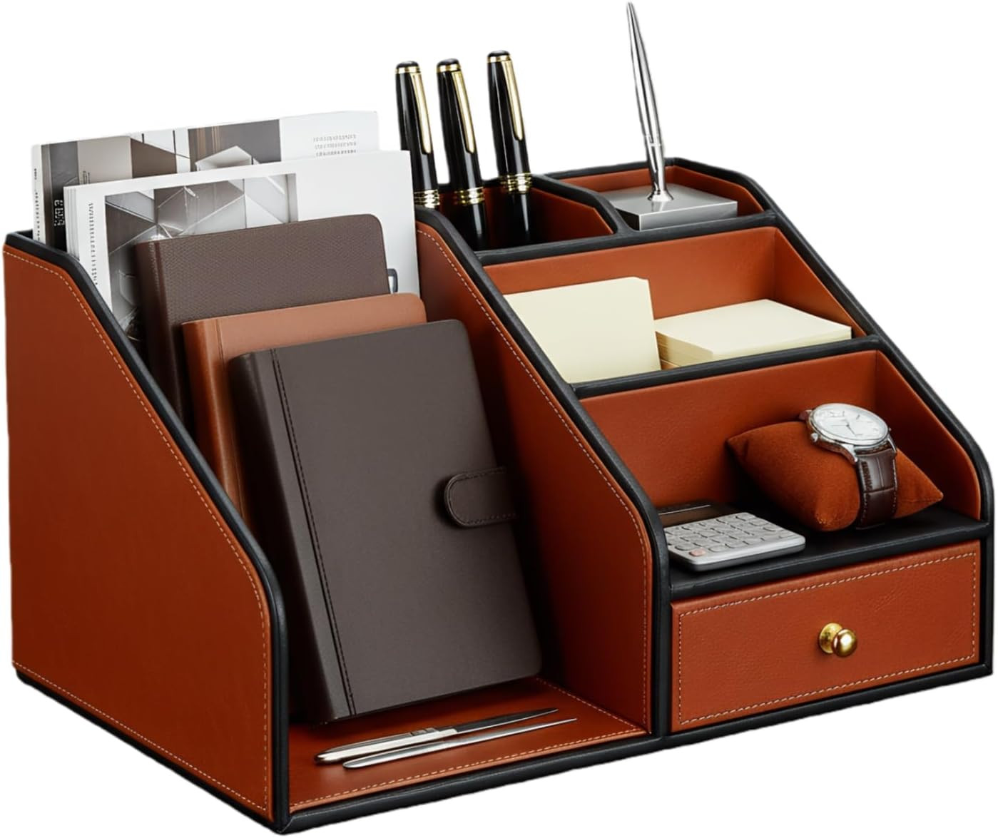 PU Leather Desk Organizer, Multifunction 6 Compartment Desk Organizers and Acces
