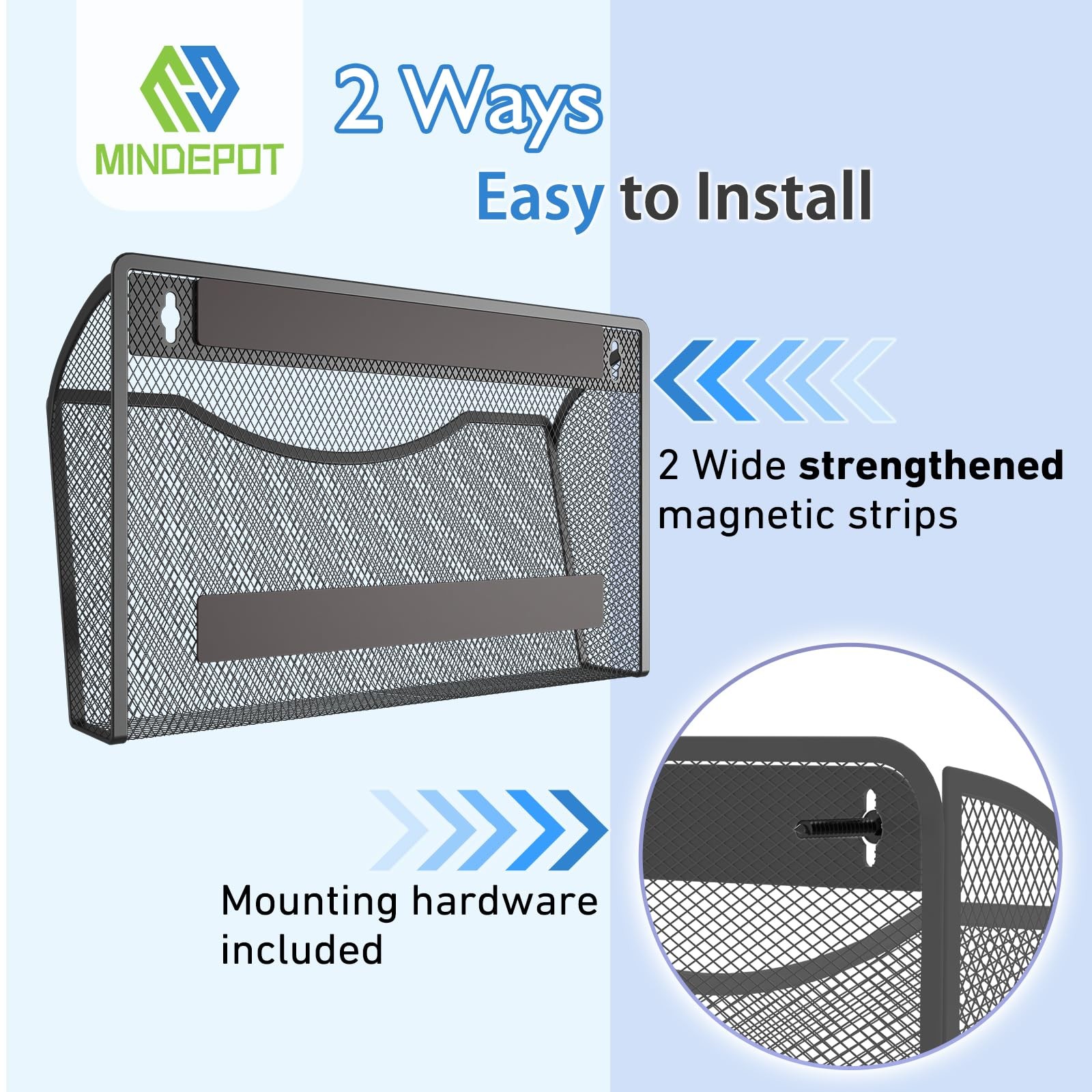 MINDEPOT Magnetic Wall File Organizer,Hanging 3Pack Magnetic, Black