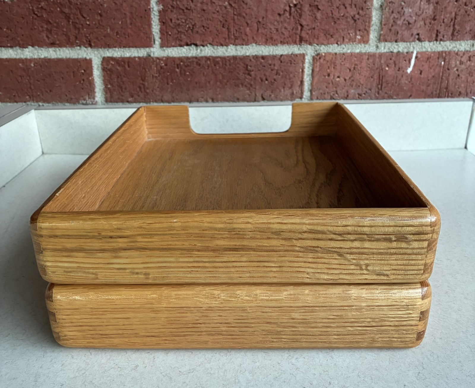 VTG 2 Tier Wood Brass Desk Document Organizer Letter Tray In/Out Box Dovetails