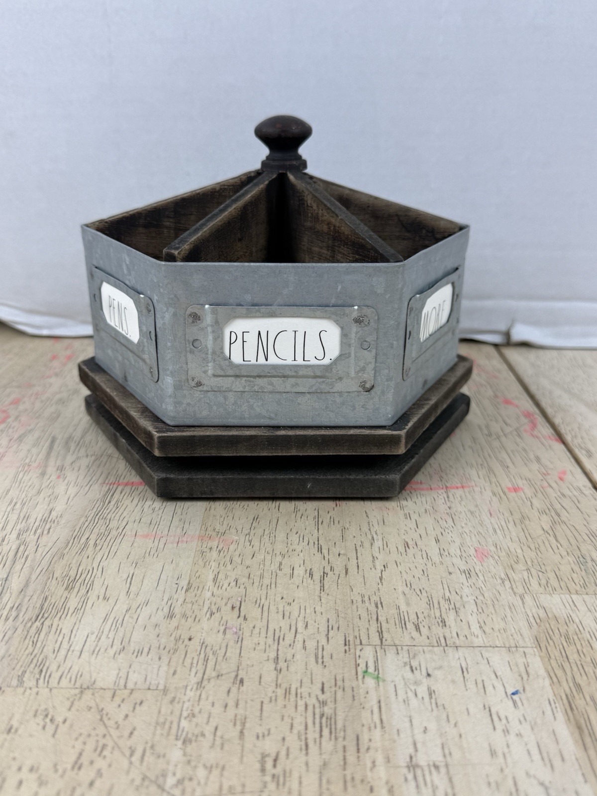 Rae Dunn Galvanized Steel & Wood Metal Rotating Spinning Rustic Desk Organizer