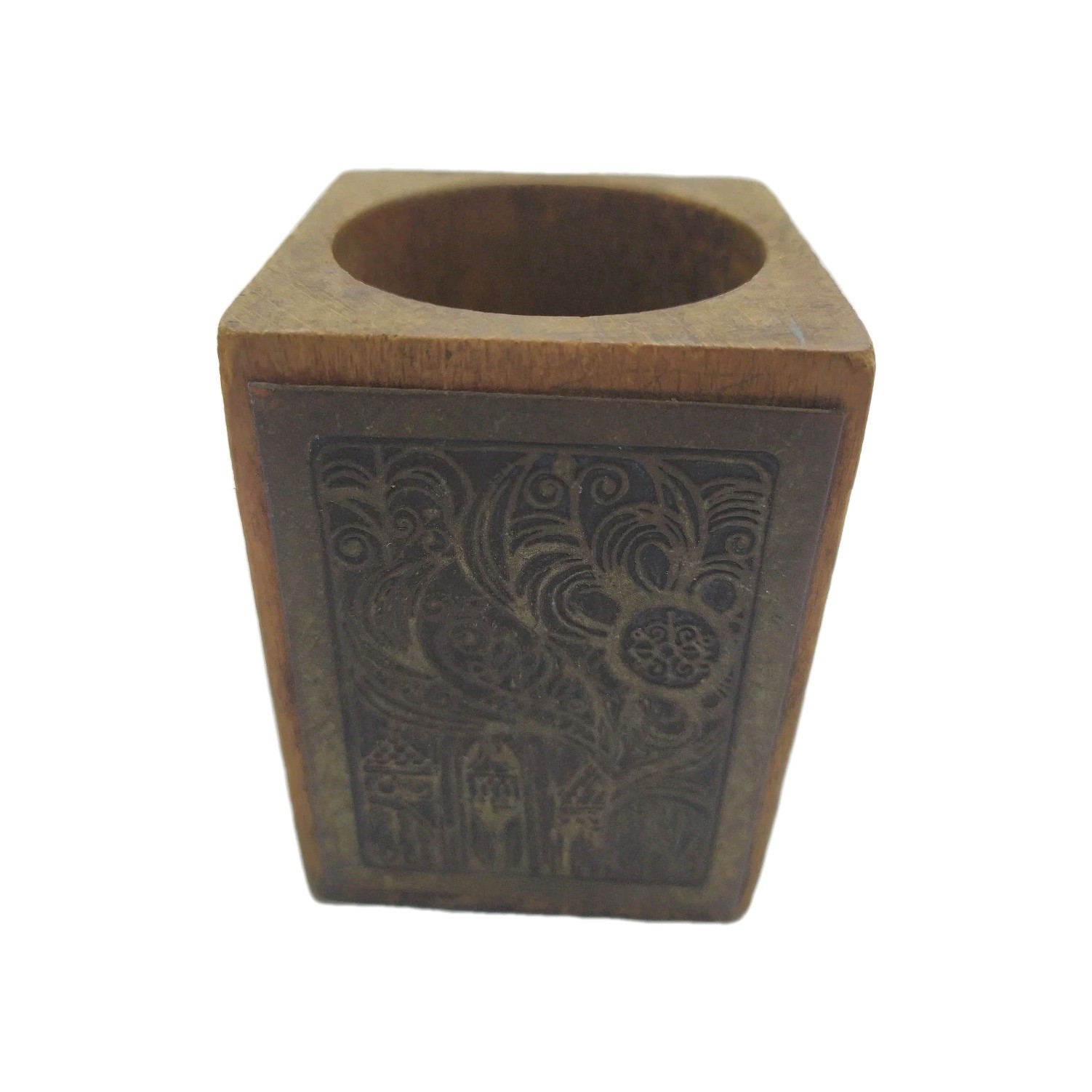 Vintage Mixed Wood & Copper Pencil Pen Holder From Holly Land Hand Made Nice