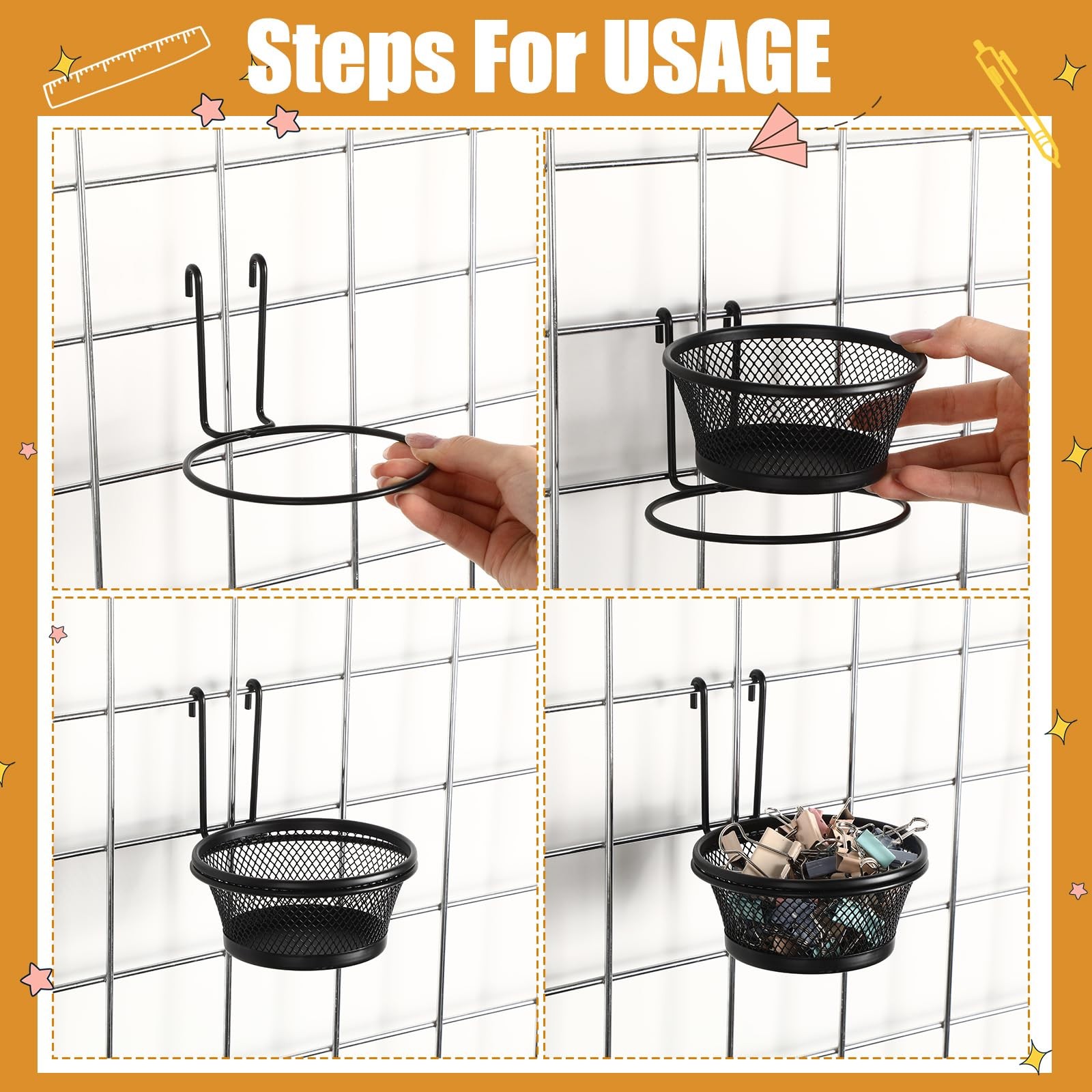 6 Pcs Grid Wall Cups with Ring Hooks Hanging Pencil Holder Wall Mount Wire Gr…