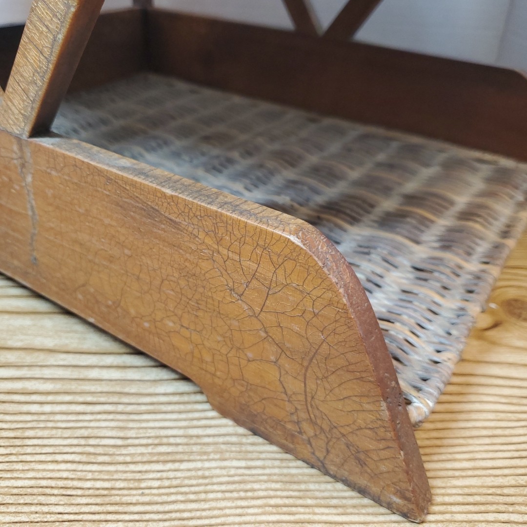 VTG 2 Tier Wood Rattan Wicker Paper Holder Letter Tray Office Desk Organizer