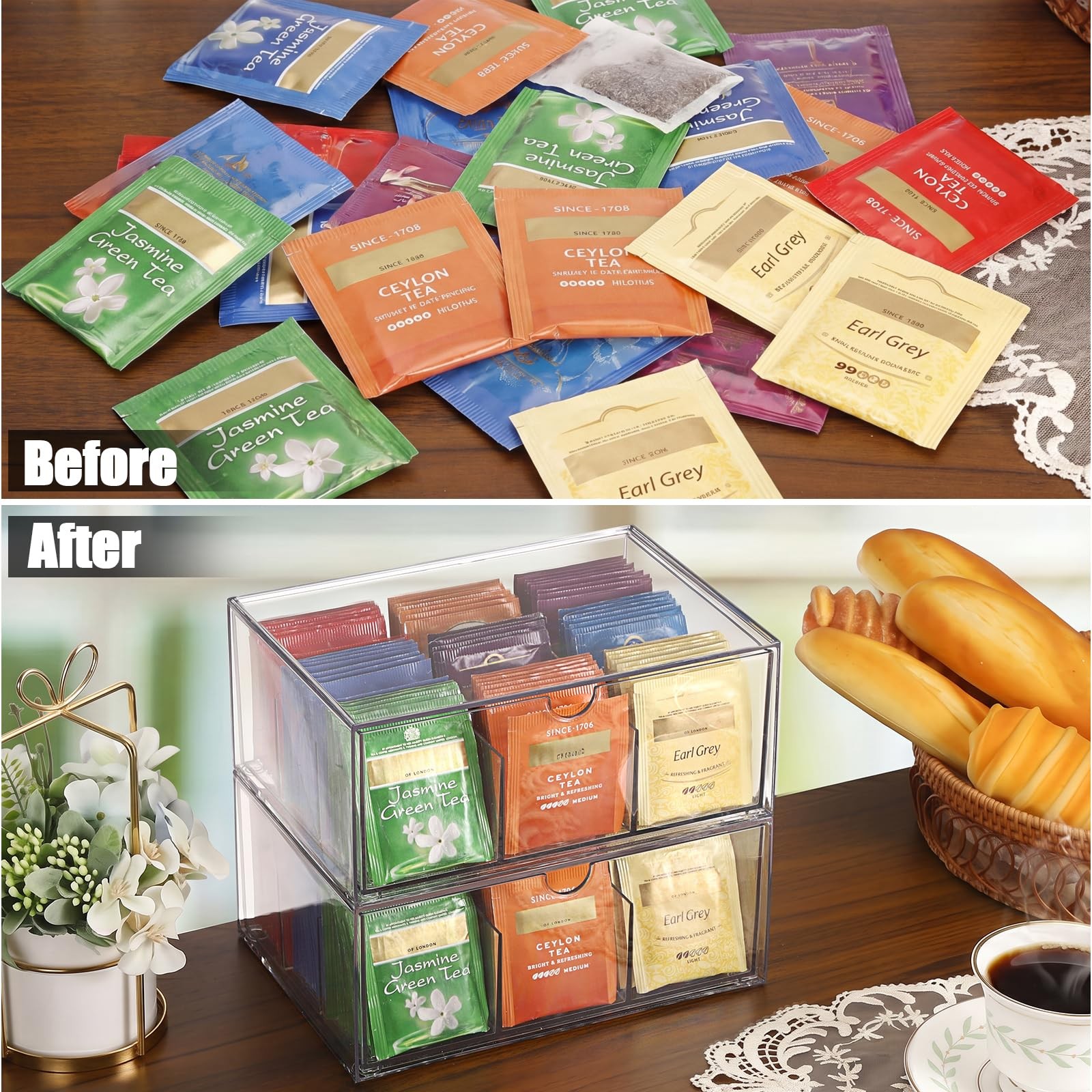 ELLDOO 2 Pack Tea Bag Organizer for Countertop, 9 9 Compartments, Clear